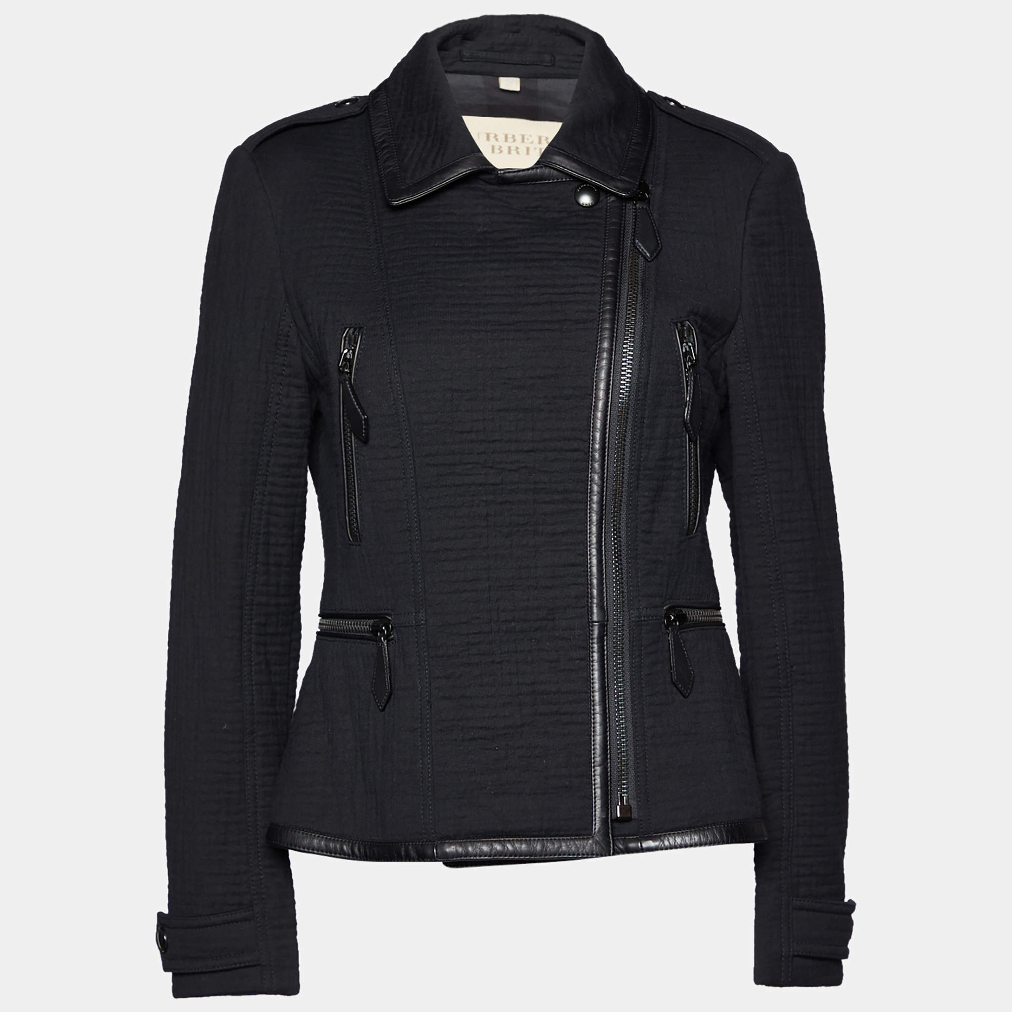 Pre Owned Burberry Brit Black Textured Cotton Leather Trim Biker Jacket M