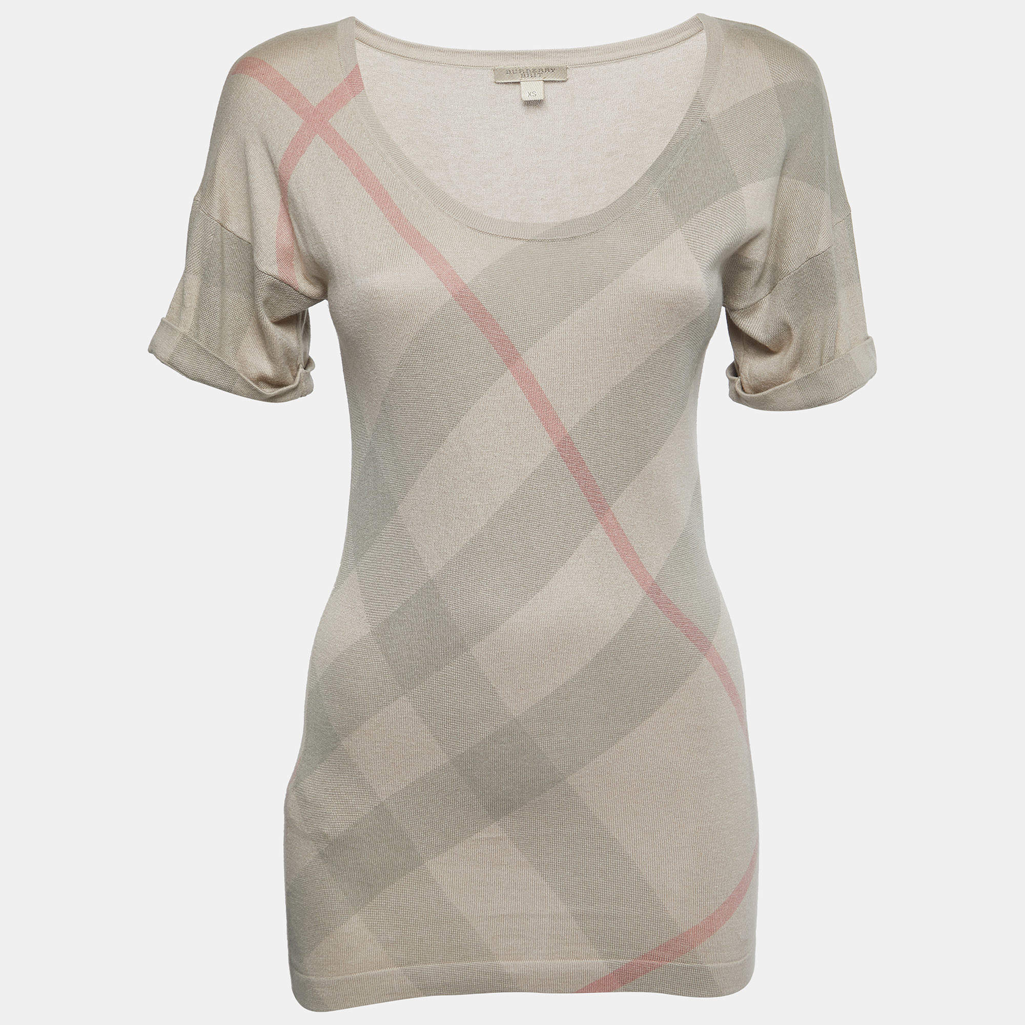 Burberry Brit Beige Nova Check Silk & Cotton Knit Sweater XS