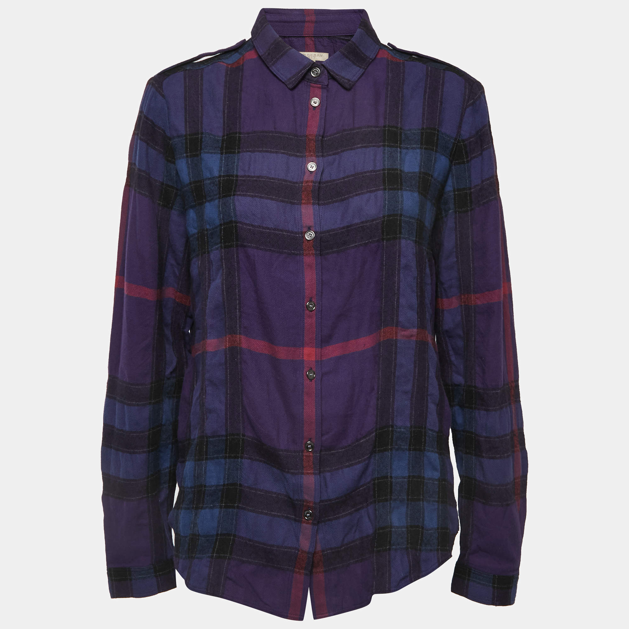 مملوكة مسبقًا Burberry Brit Blue Plaid Cotton Blend Button Front Full Sleeve Shirt L