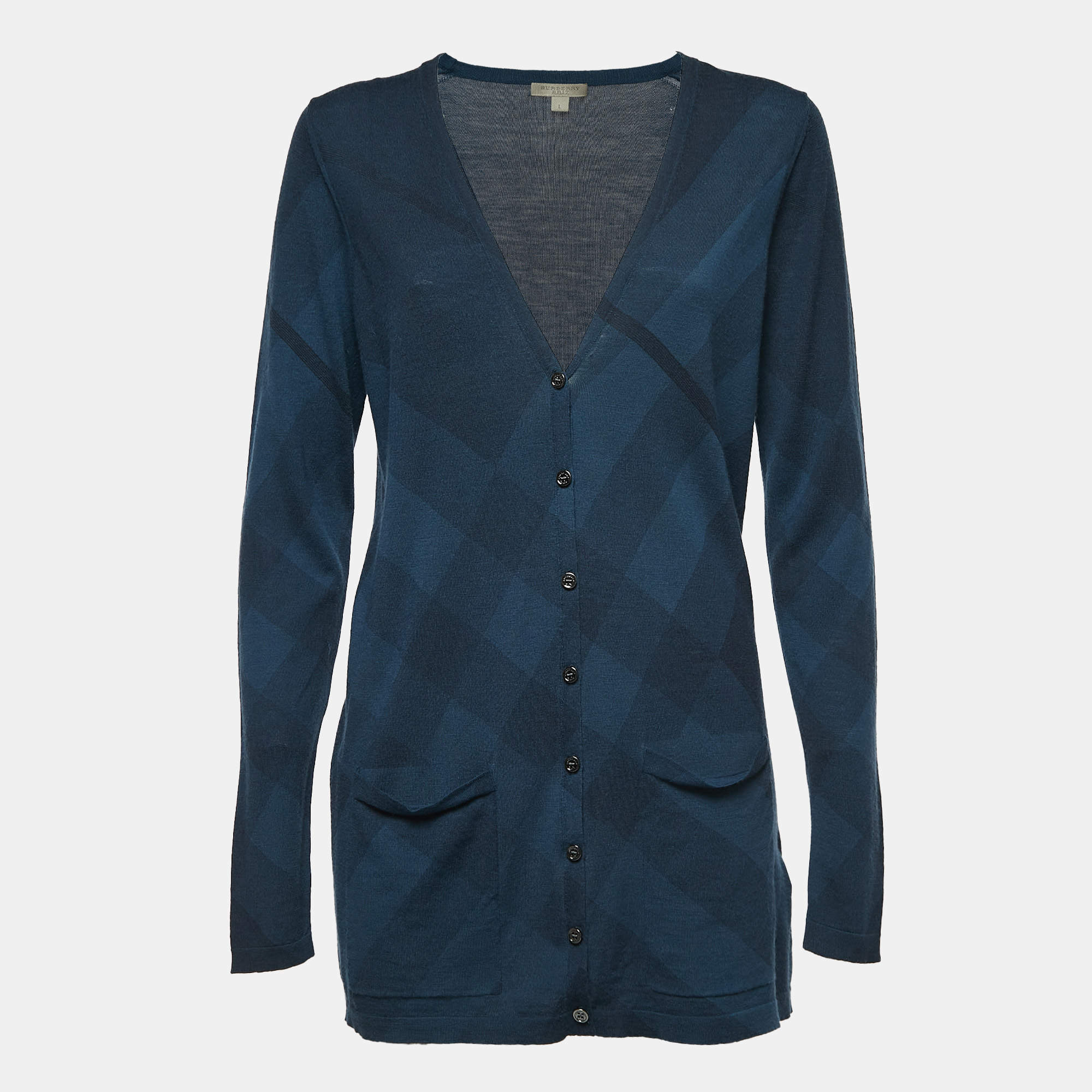 Pre Owned Burberry Brit Navy Blue Checkered Wool Blend Cotton Button Front Cardigan L