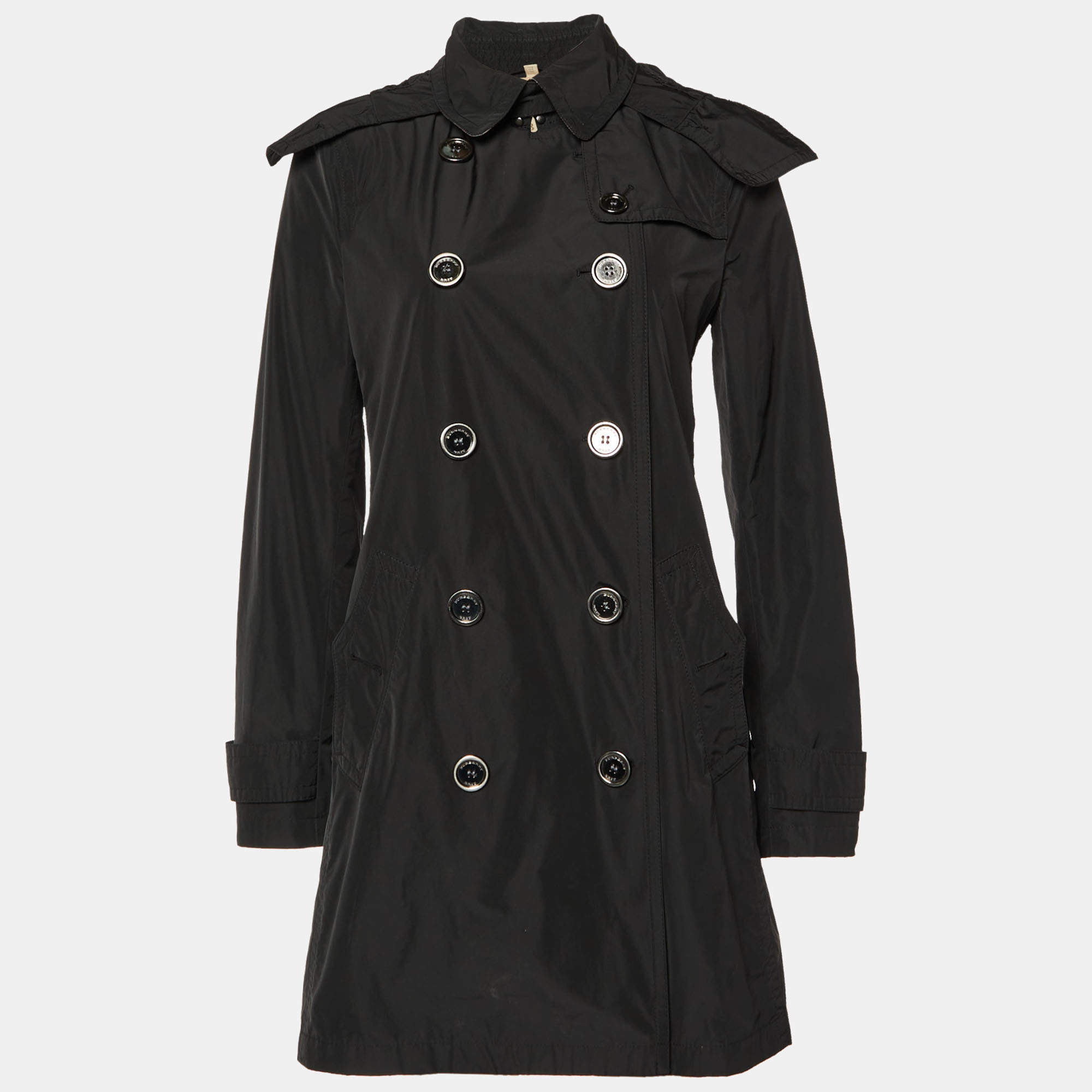 Pre Owned Burberry Brit Black Polyester Double Breasted Hooded Trench Coat S