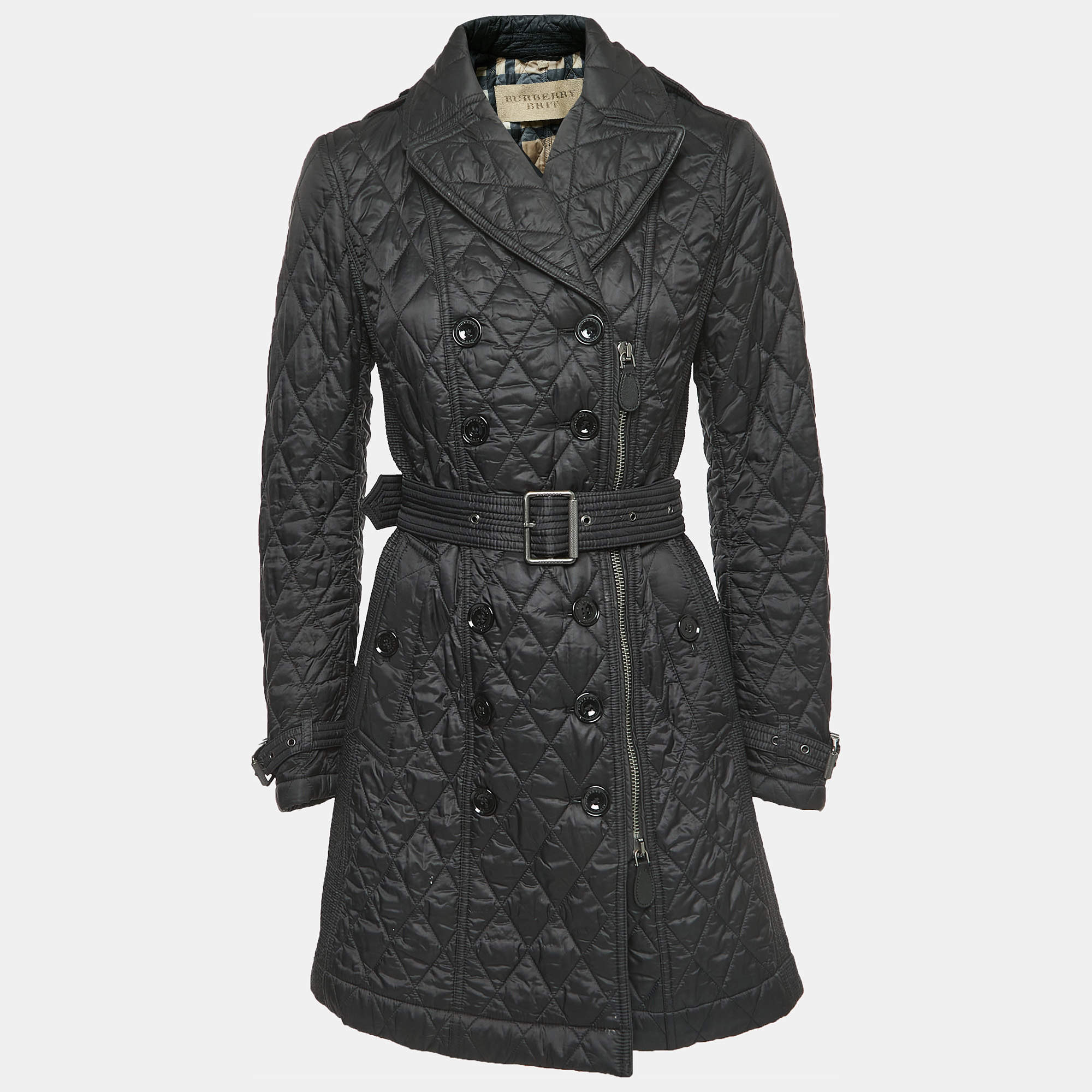 Pre Owned Burberry Brit Black Quilted Nylon Belted Coat S