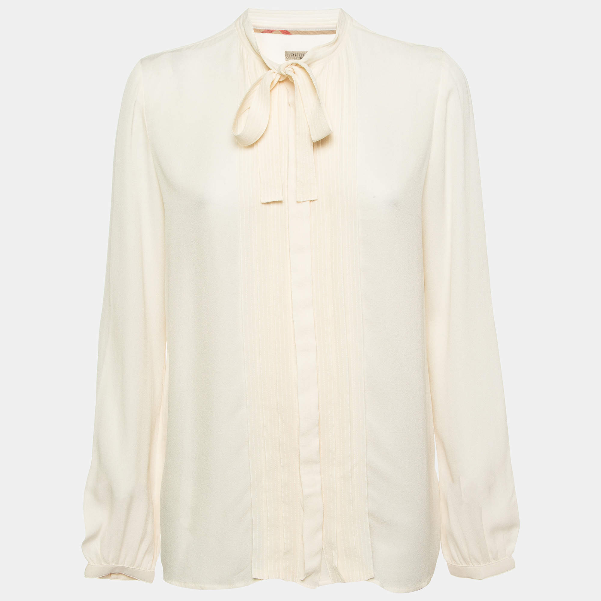 Pre Owned Burberry Brit Cream Pleated Silk Tie Neck Shirt M
