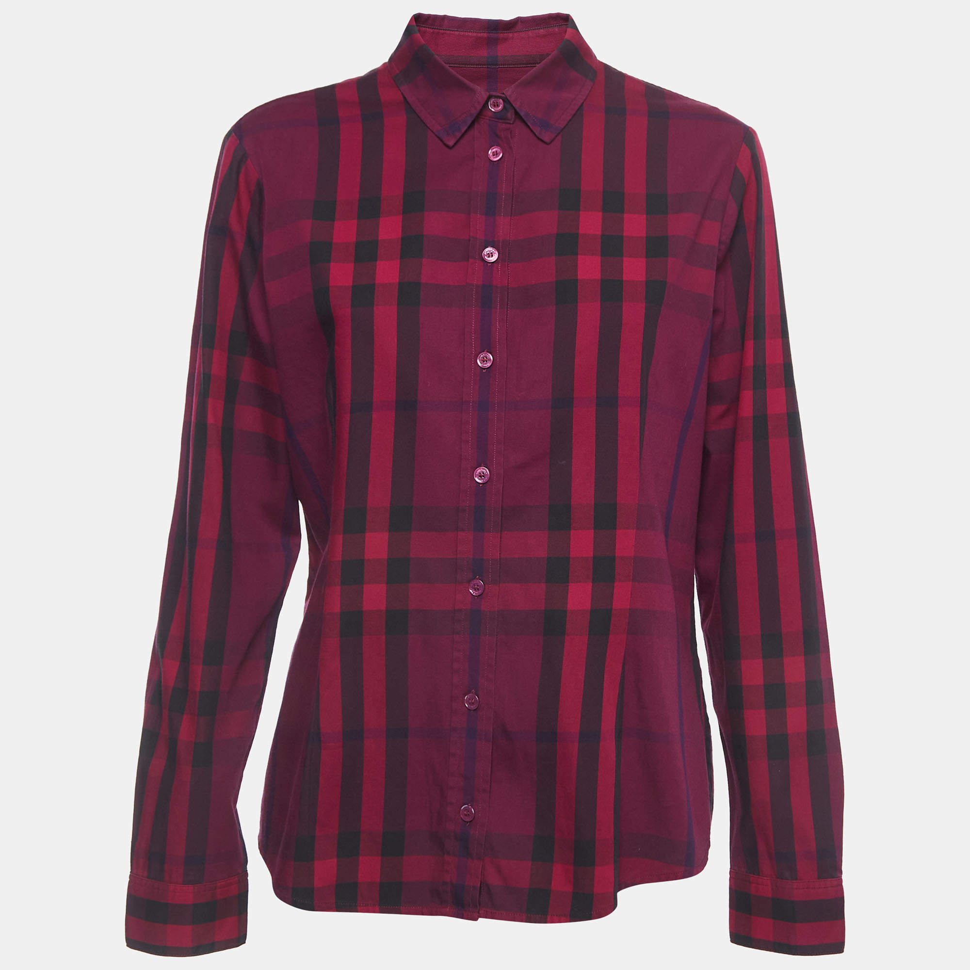 Pre Owned Burberry Brit Purple Checked Cotton Button Front Shirt L