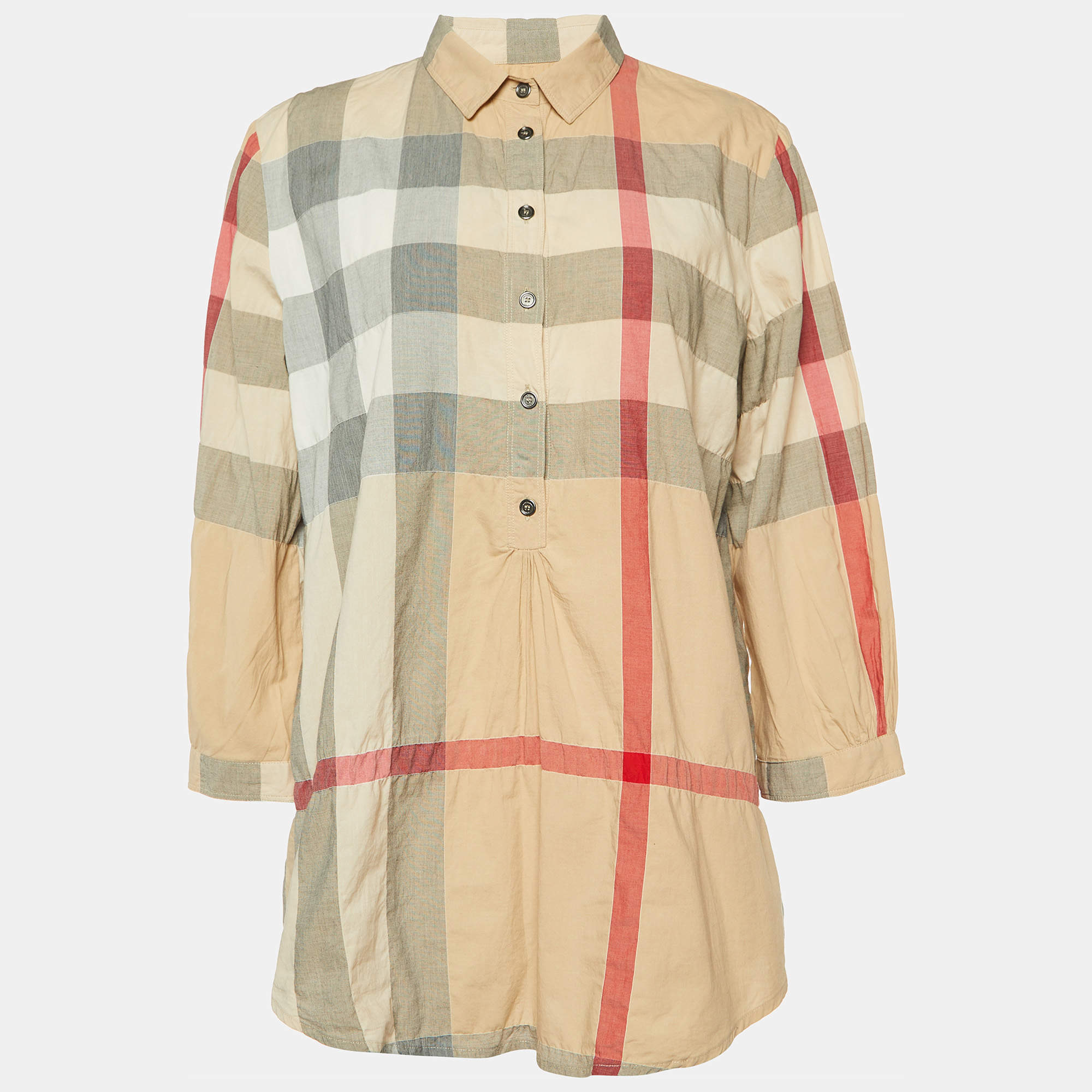 Pre Owned Burberry Brit Beige Giant Check Cotton Half Buttoned Shirt M