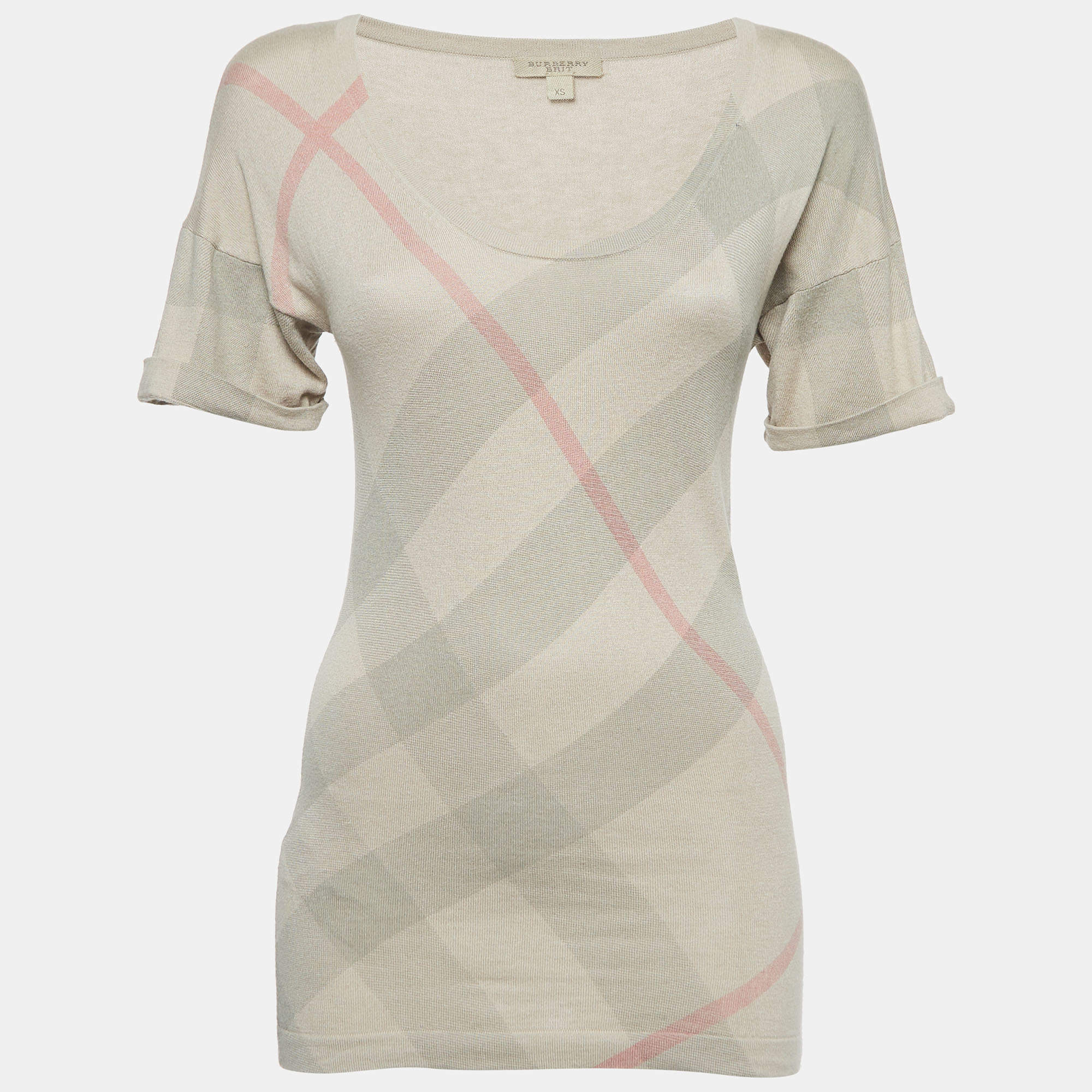 Pre Owned Burberry Brit Beige Checked Silk Blend Knit V-Neck T-Shirt XS