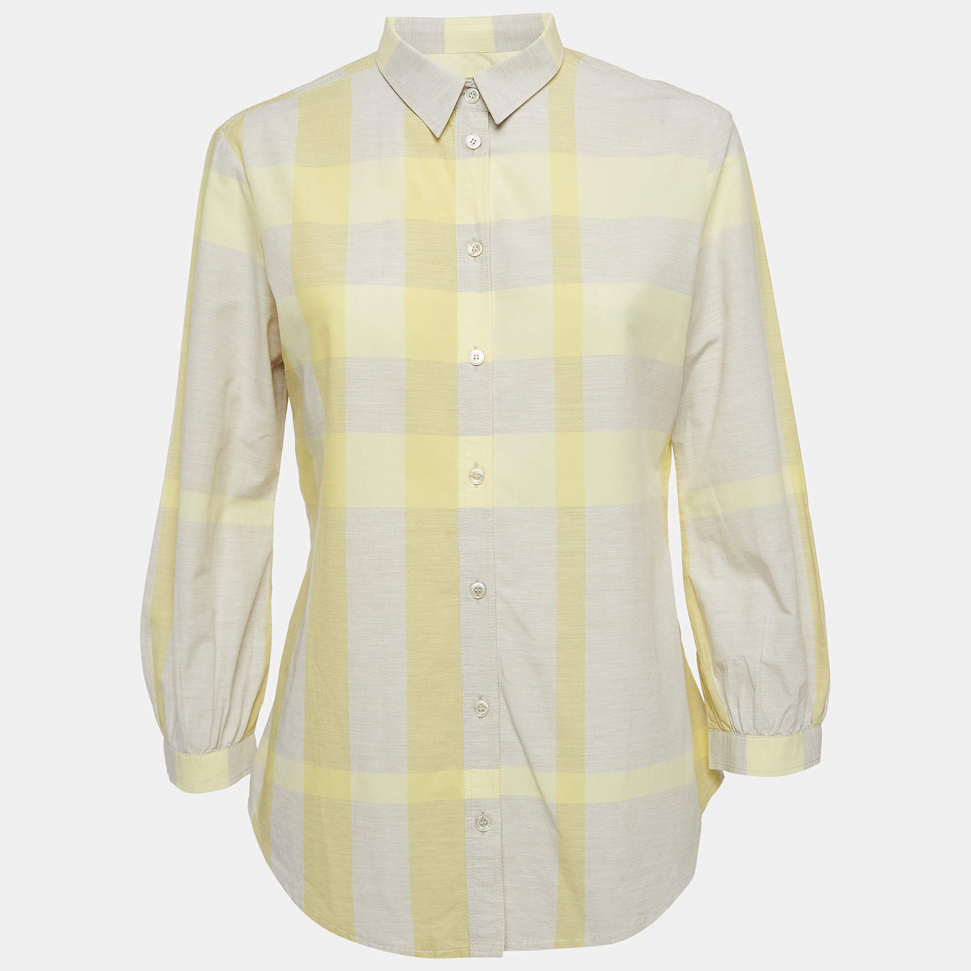 Pre Owned Burberry Brit Yellow Checked Cotton Three-Quarter Sleeve Shirt M
