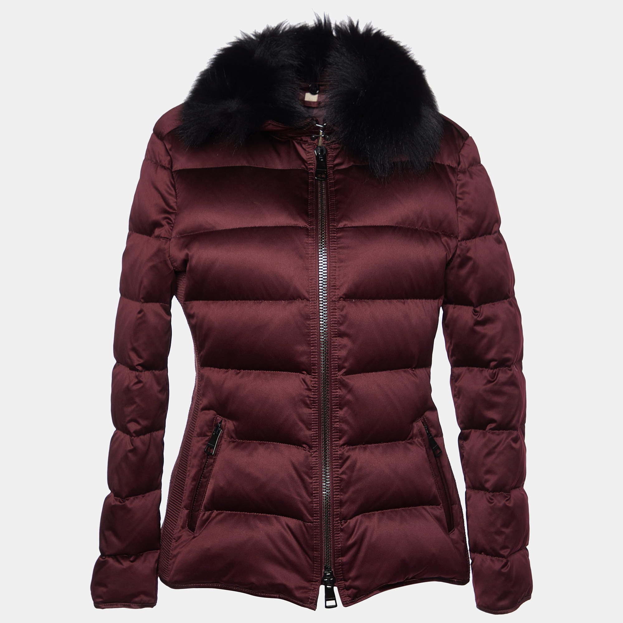 Pre Owned Burberry Brit Burgundy Fox Fur Trimmed Puffer Jacket M