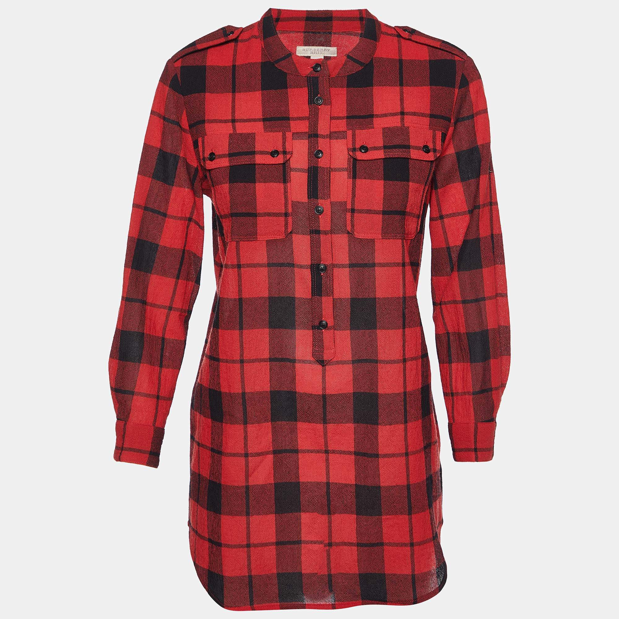 Pre Owned Burberry Brit Red/Black Checked Wool Long Sleeve Blouse M