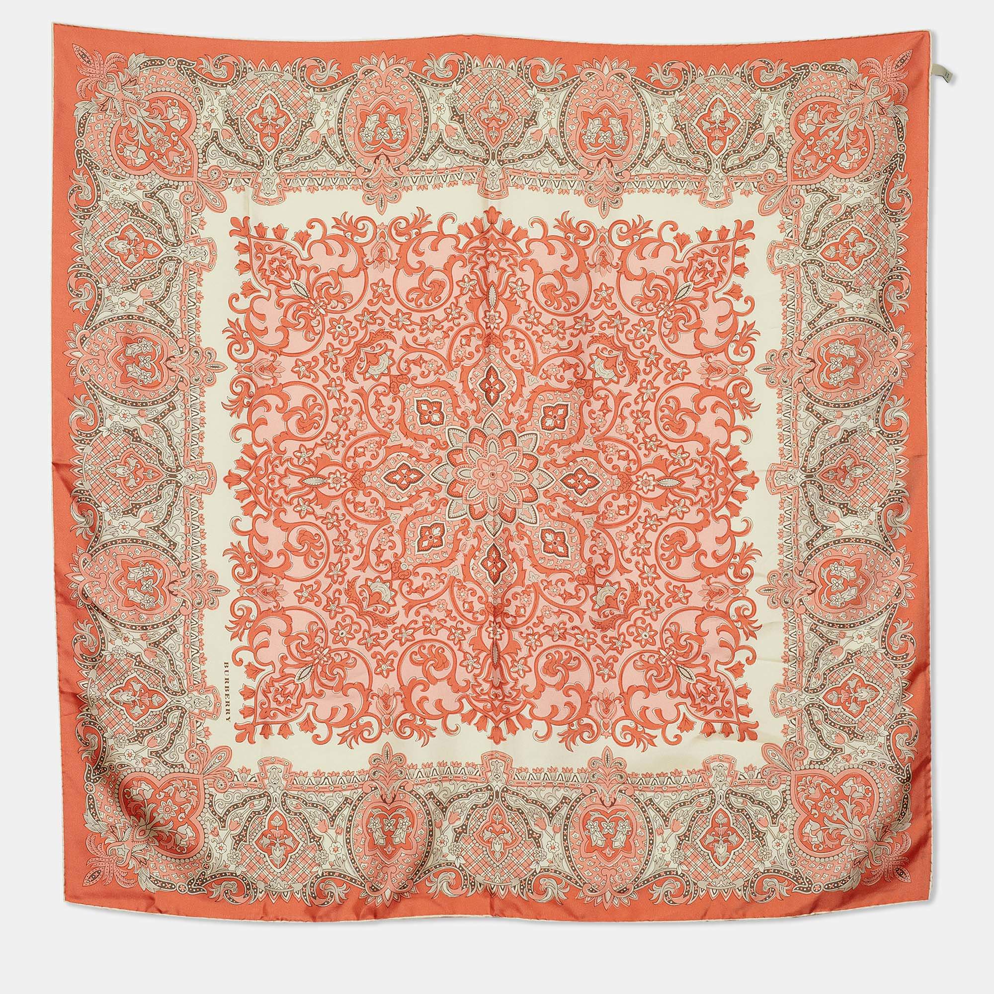 Pre Owned Burberry Coral Orange Printed Silk Square Scarf