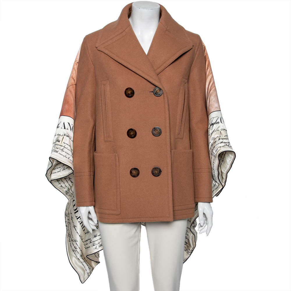 Pre Owned معطف بربري بيا مارنيه وصوف بني مزين بطانية حرير مطبوع مقاس صغير ( سمول )