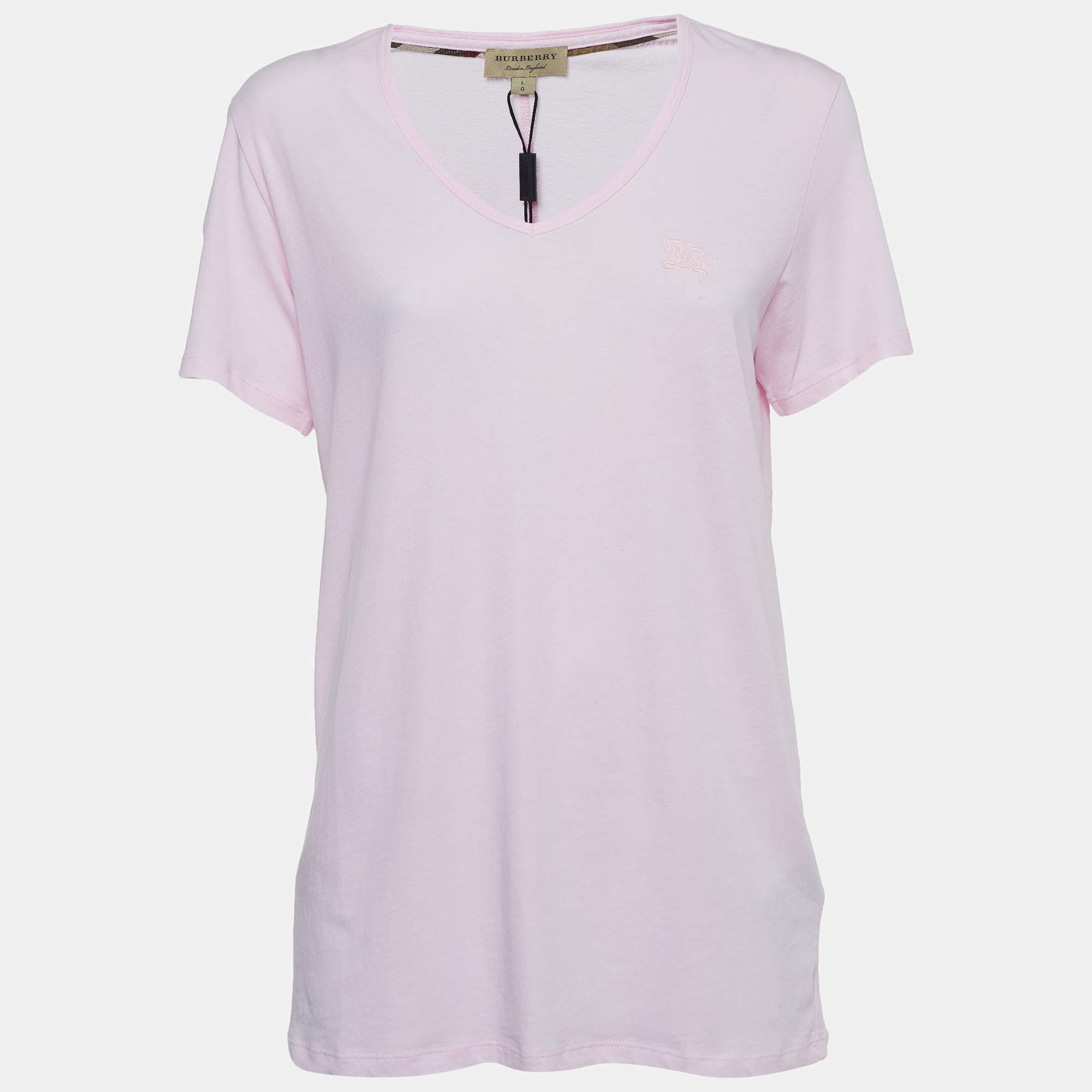 Pre Owned Burberry London Light Pink Logo Embroidered Cotton V-Neck T-Shirt L