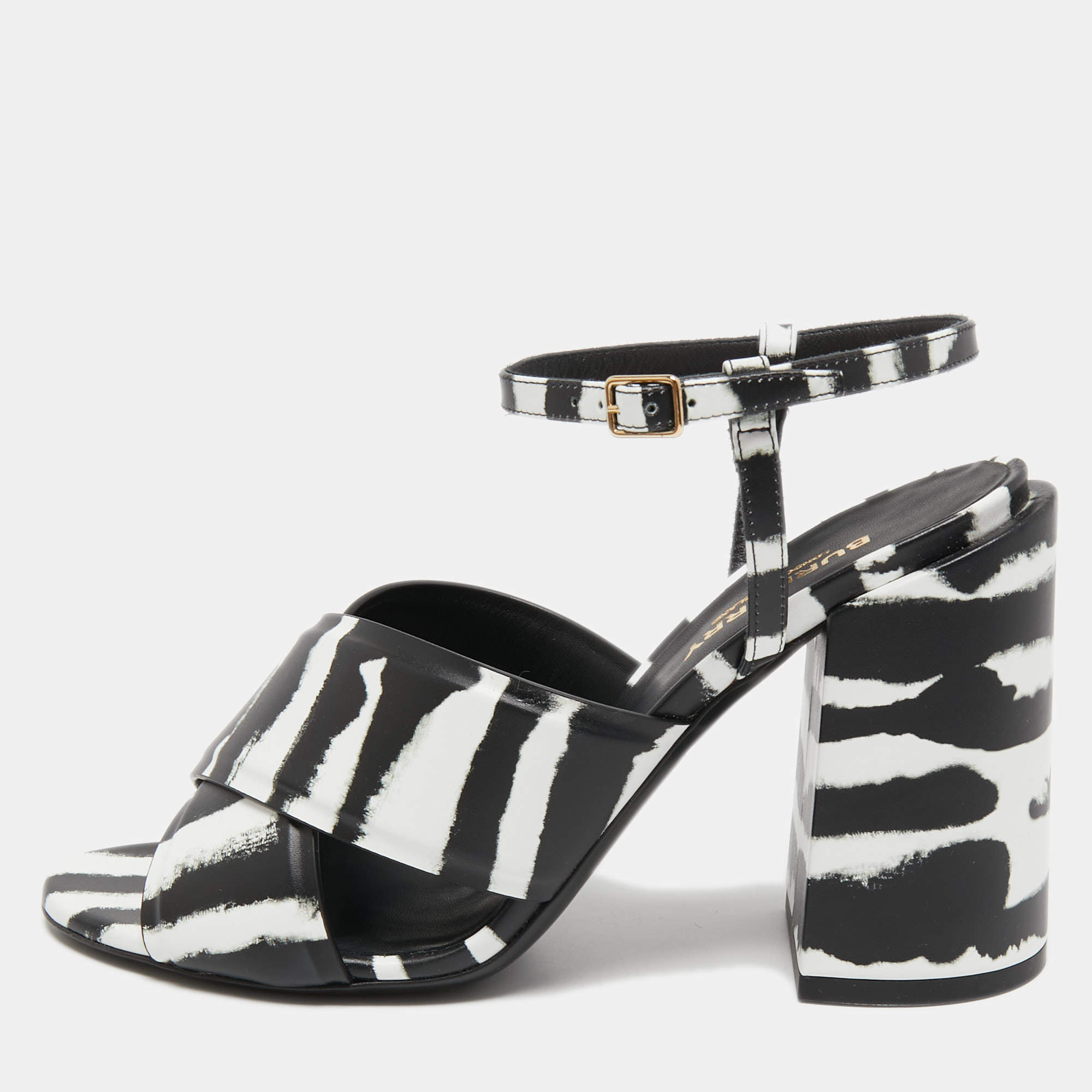 Pre Owned Burberry Black/White Leather Ankle Strap Sandals Size 38.5