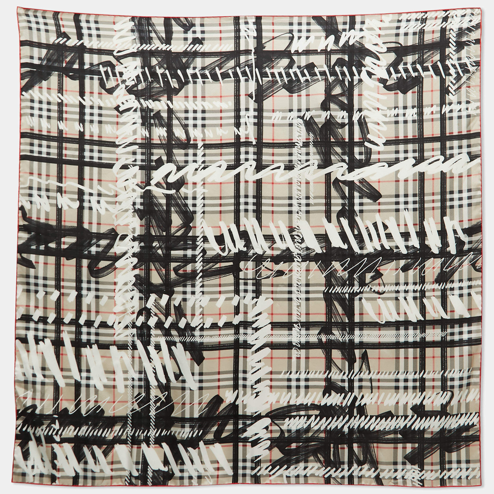 Pre Owned Burberry Beige Scribble Printed Checkered Silk Scarf