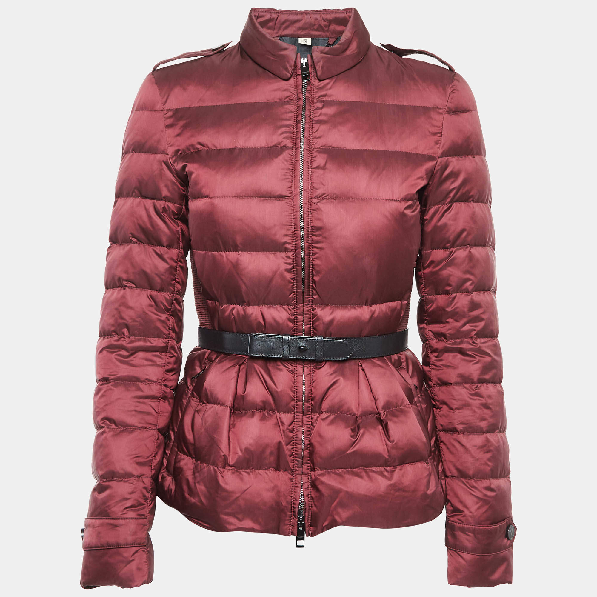 Pre Owned Burberry London Burgundy Nylon Belted Puffer Jacket S