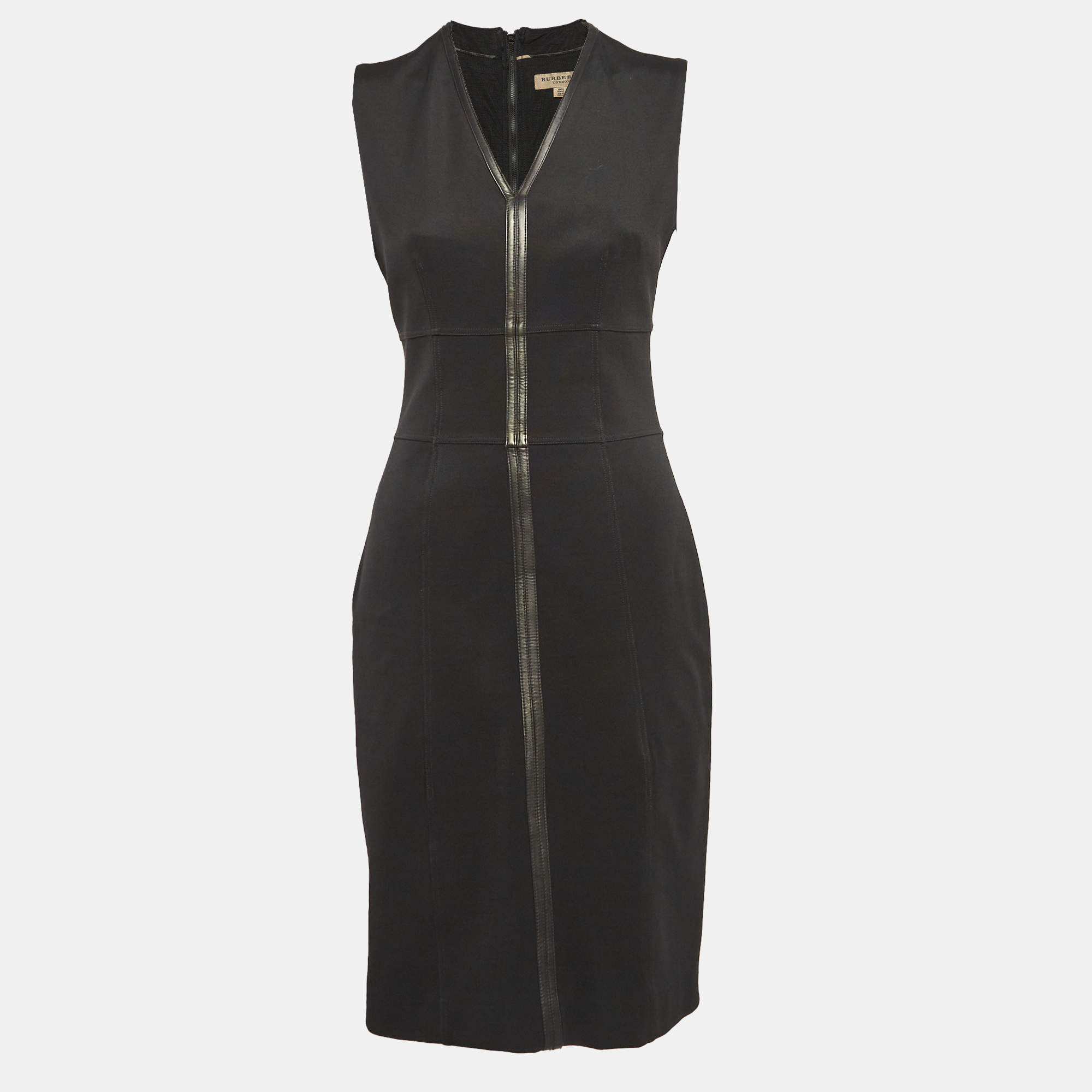 Pre Owned Burberry London Black Leather Trim Stretch Knit Sheath Dress L
