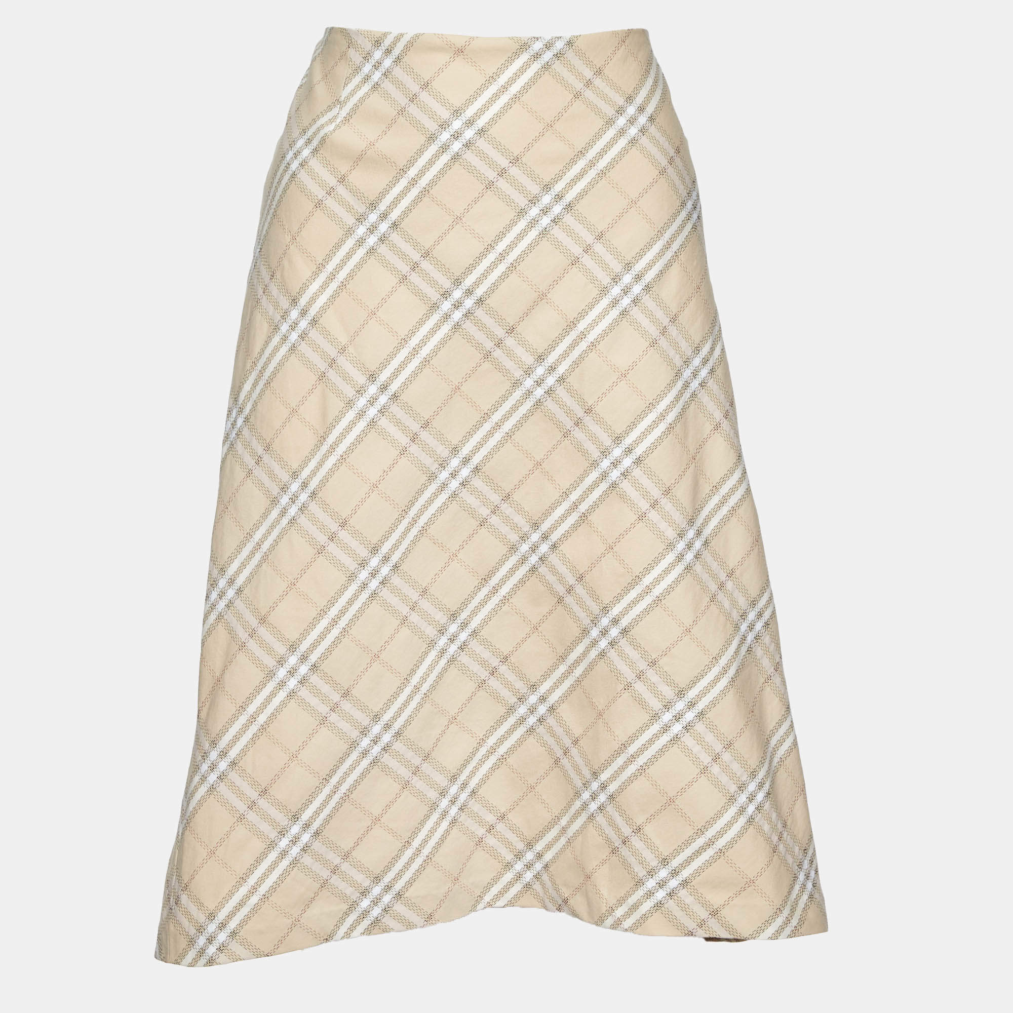 Pre Owned Burberry Beige Plaid Cotton Blend Midi Skirt M