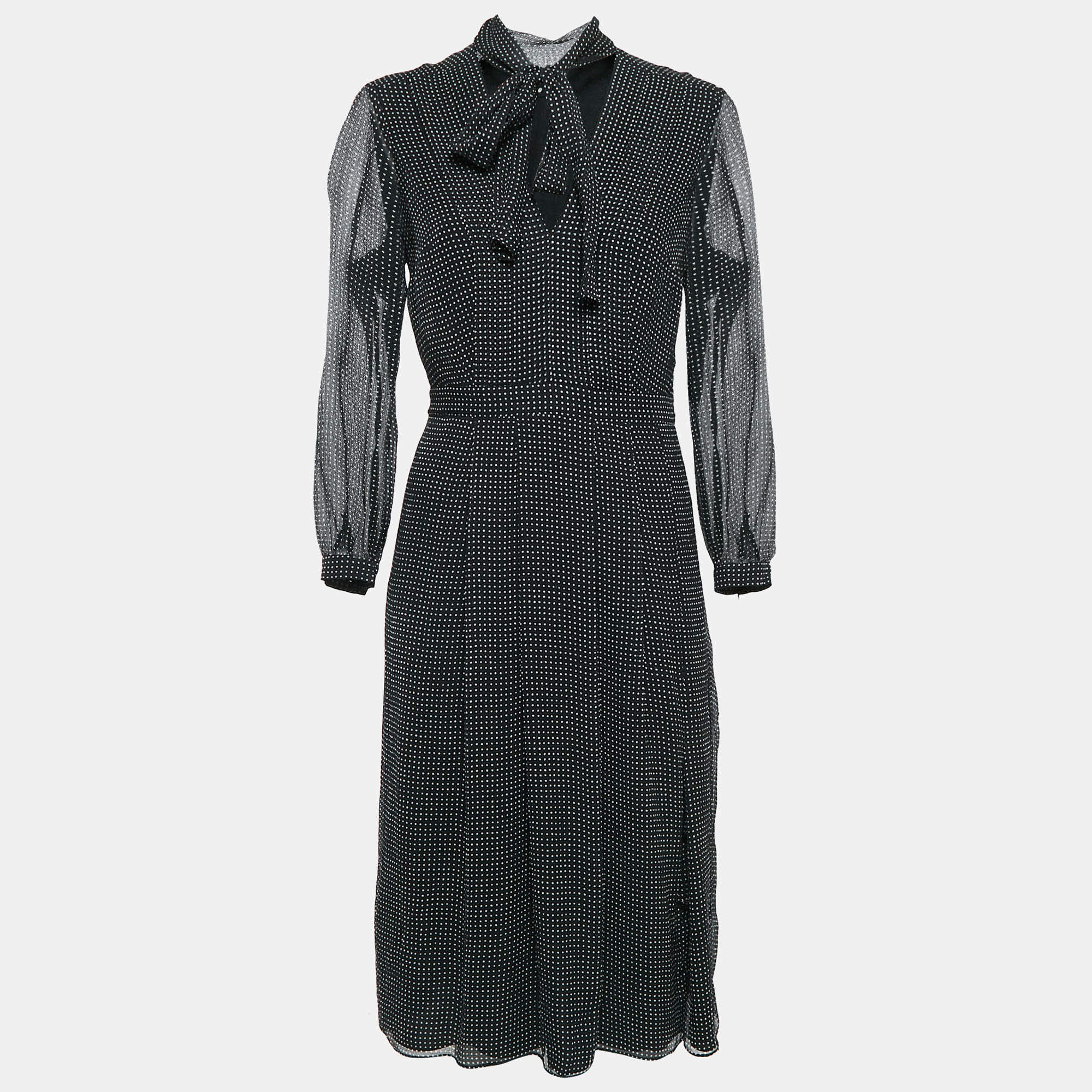 Pre Owned Burberry London Black Polka Dots Print Silk Pleated Midi Dress S