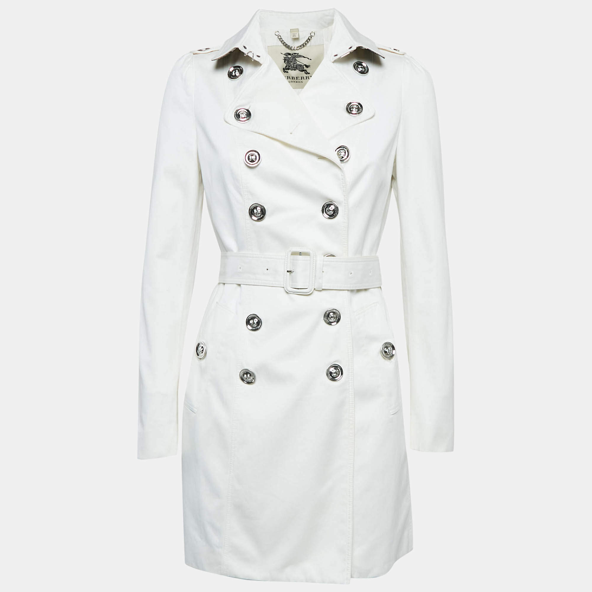 Pre Owned Burberry London White Cotton Double Breasted Slim Fit Trench Coat S