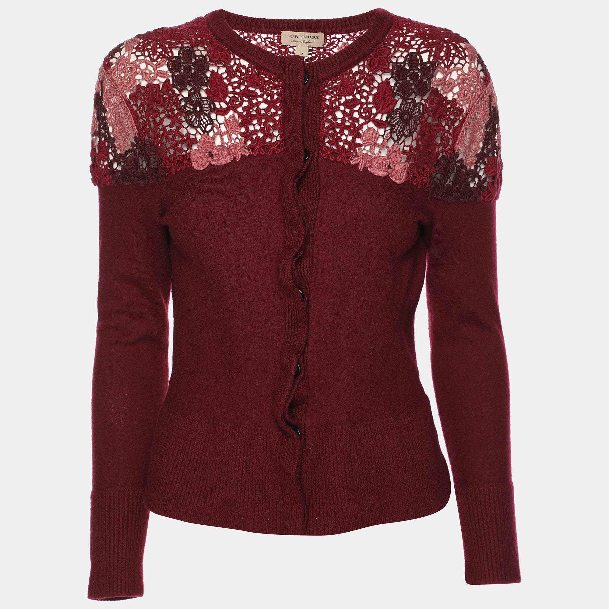 Pre Owned Burberry London Burgundy Merino Wool Knit Macrame Lace Detail Button Front Cardigan M
