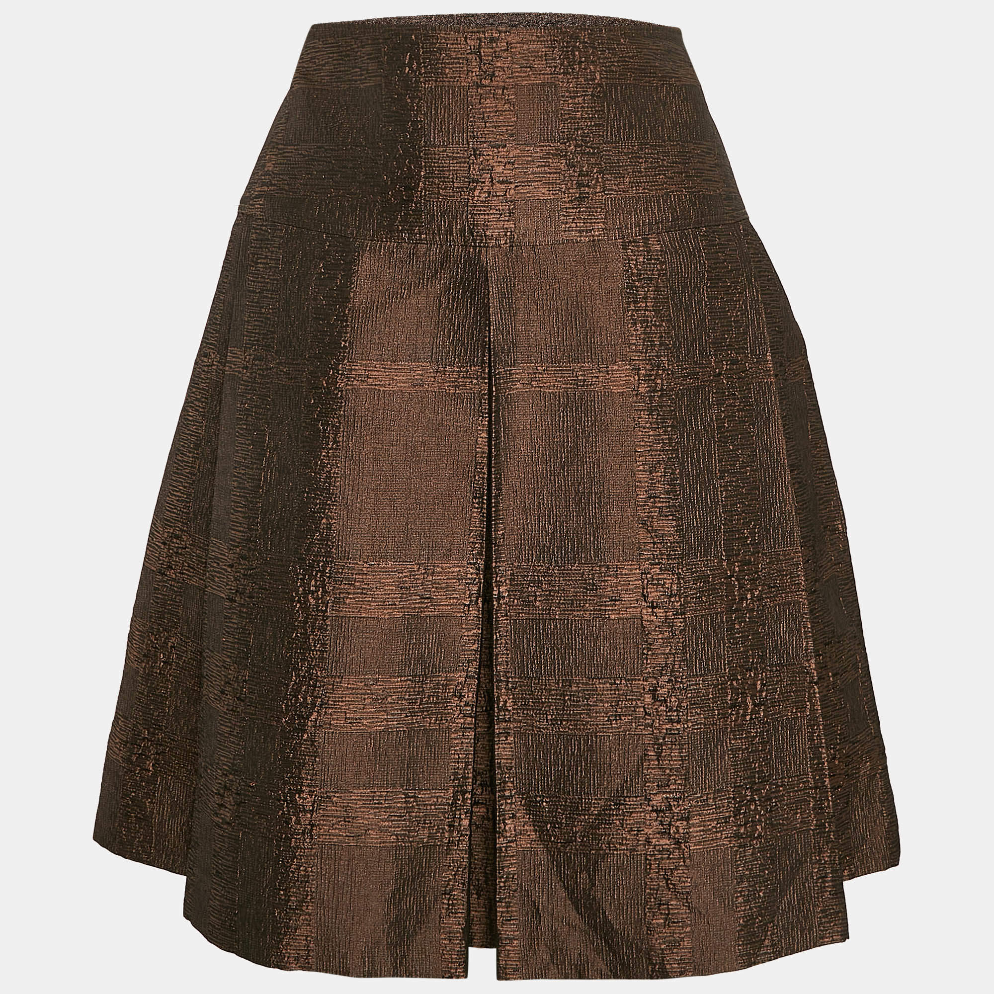 Burberry London Metallic Brown Tartan Checks Jacquard Pleated Knee-Length Skirt S
