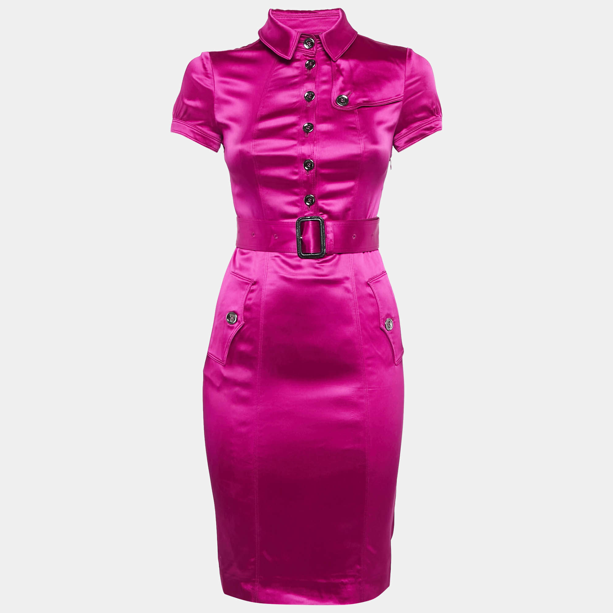 Pre Owned Burberry London Pink Satin Belted Pocket Detail Short Dress XS