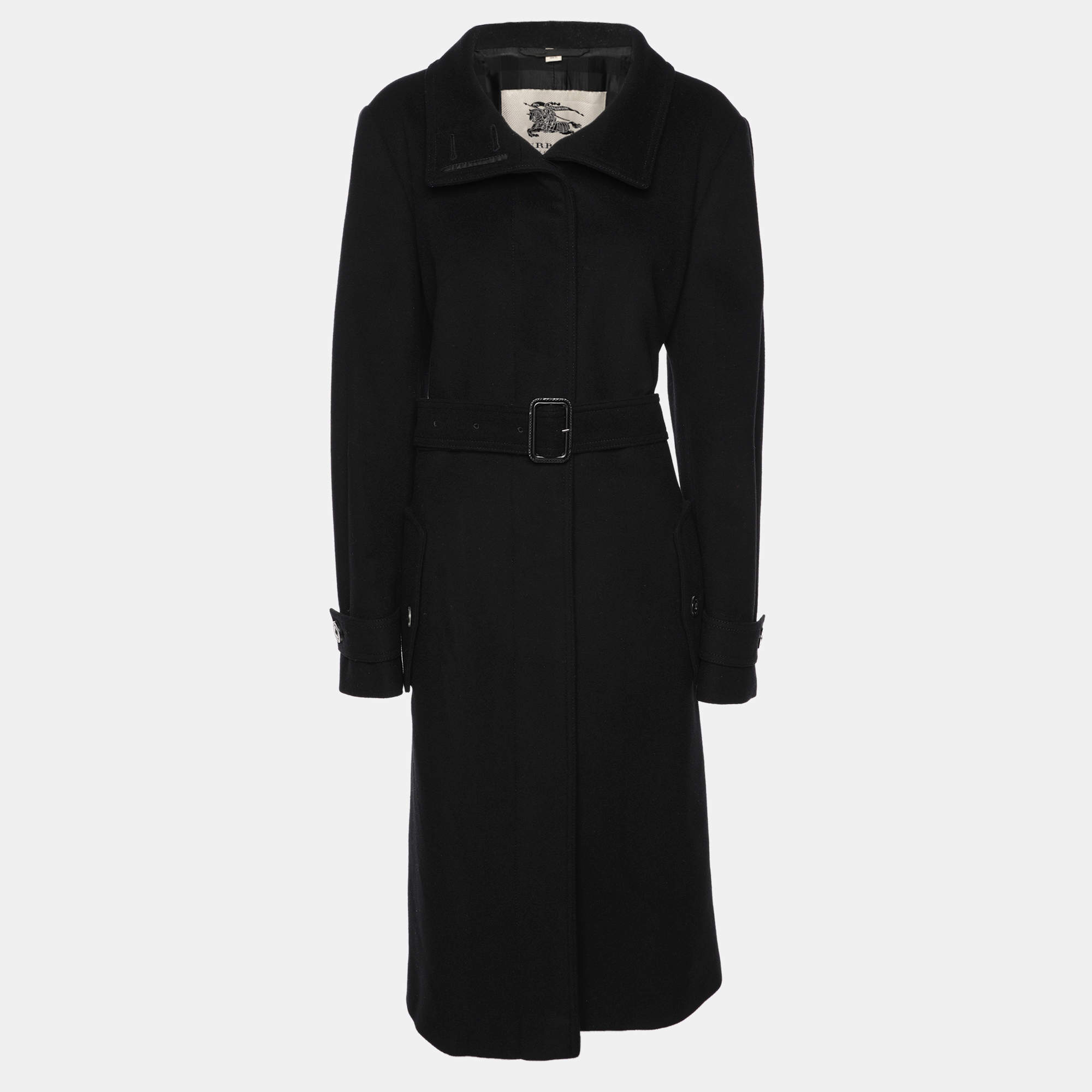 Pre Owned Burberry Black Wool Blend Belted Trench Coat L