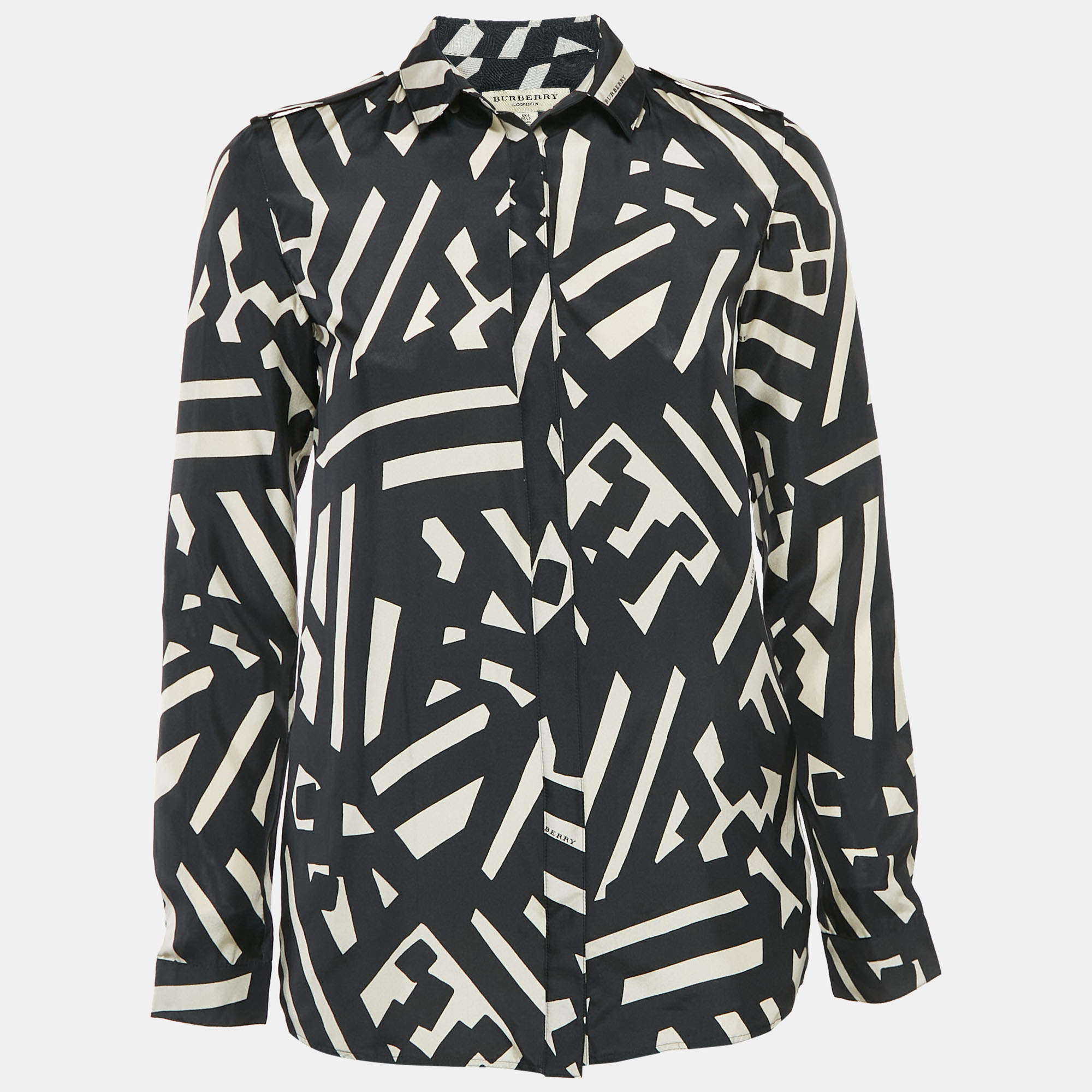 Burberry London Black Printed Silk Button Front Shirt XS