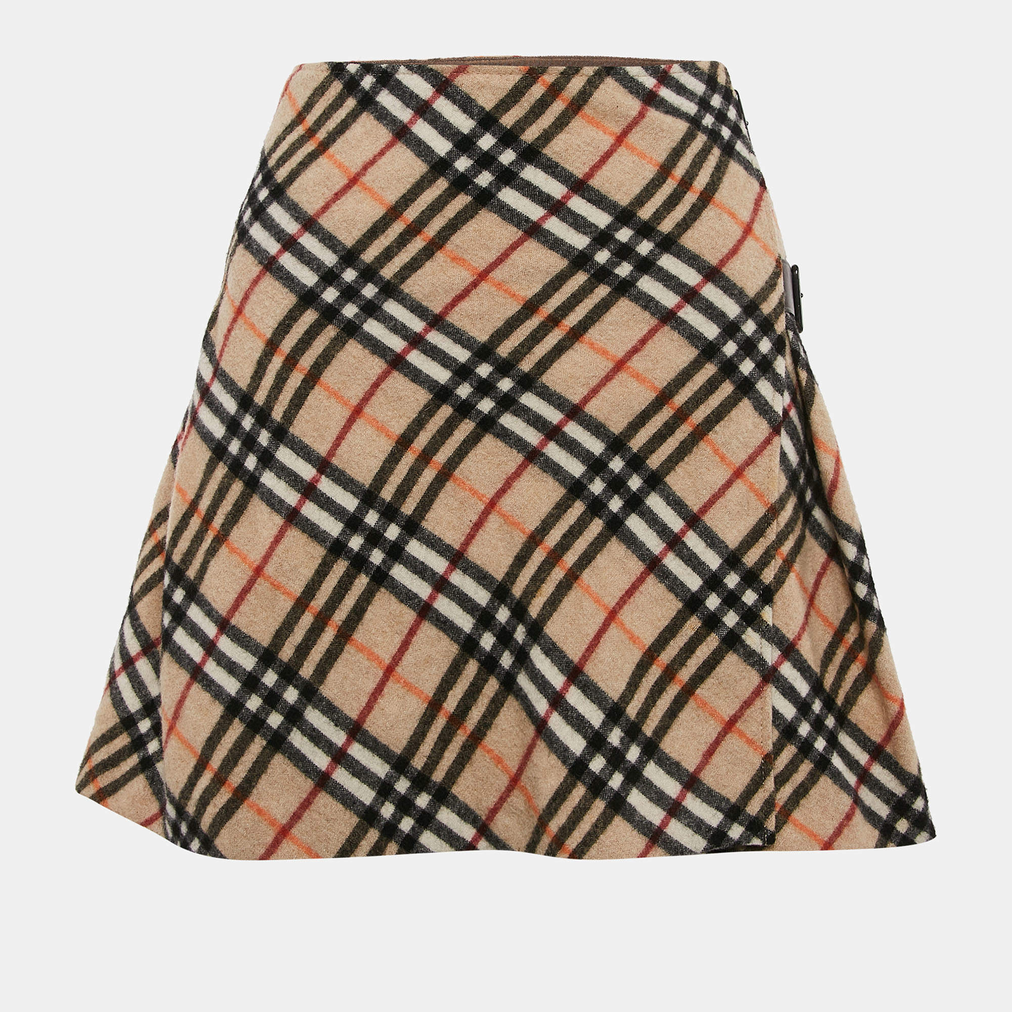 Pre Owned Burberry London Purple Label Beige Diagonal Checks Mohair Blend Buckle Mini Skirt XS