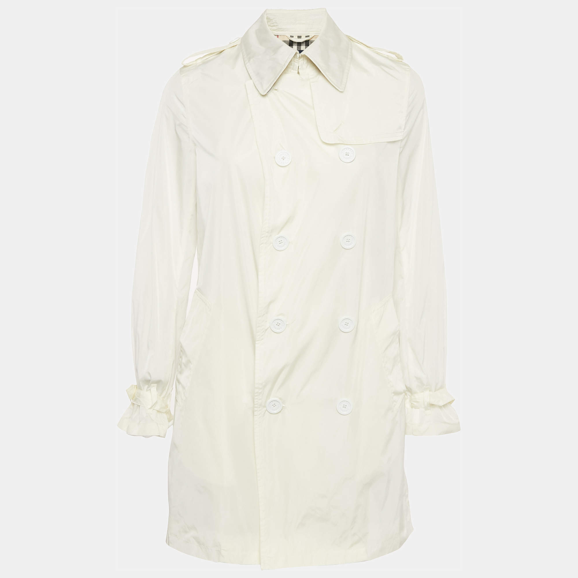 Pre Owned Burberry London White Nylon Double Breasted Trench Coat M