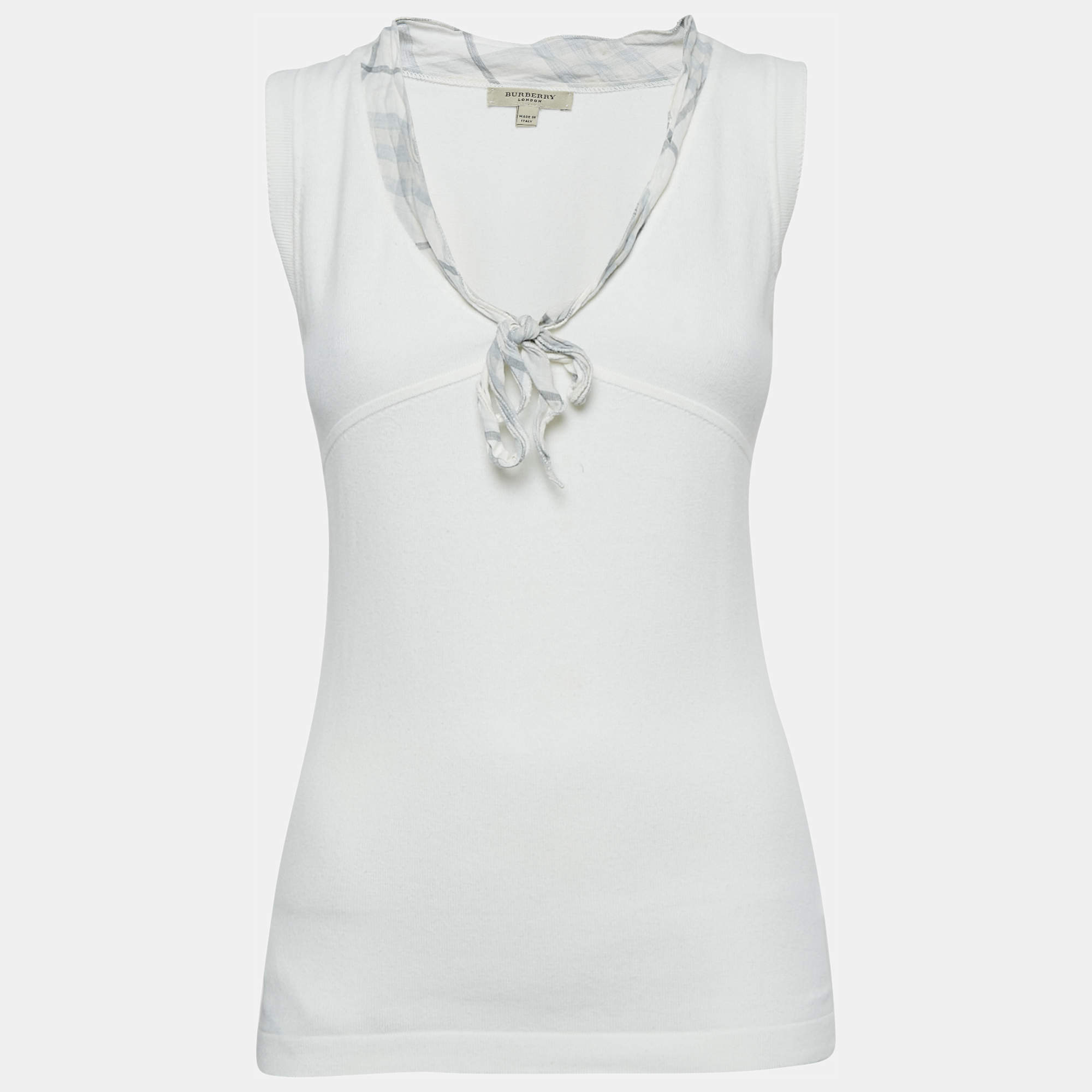 Burberry London White Cotton Knit Tie-Up Neck  Detail Sleeveless Top S