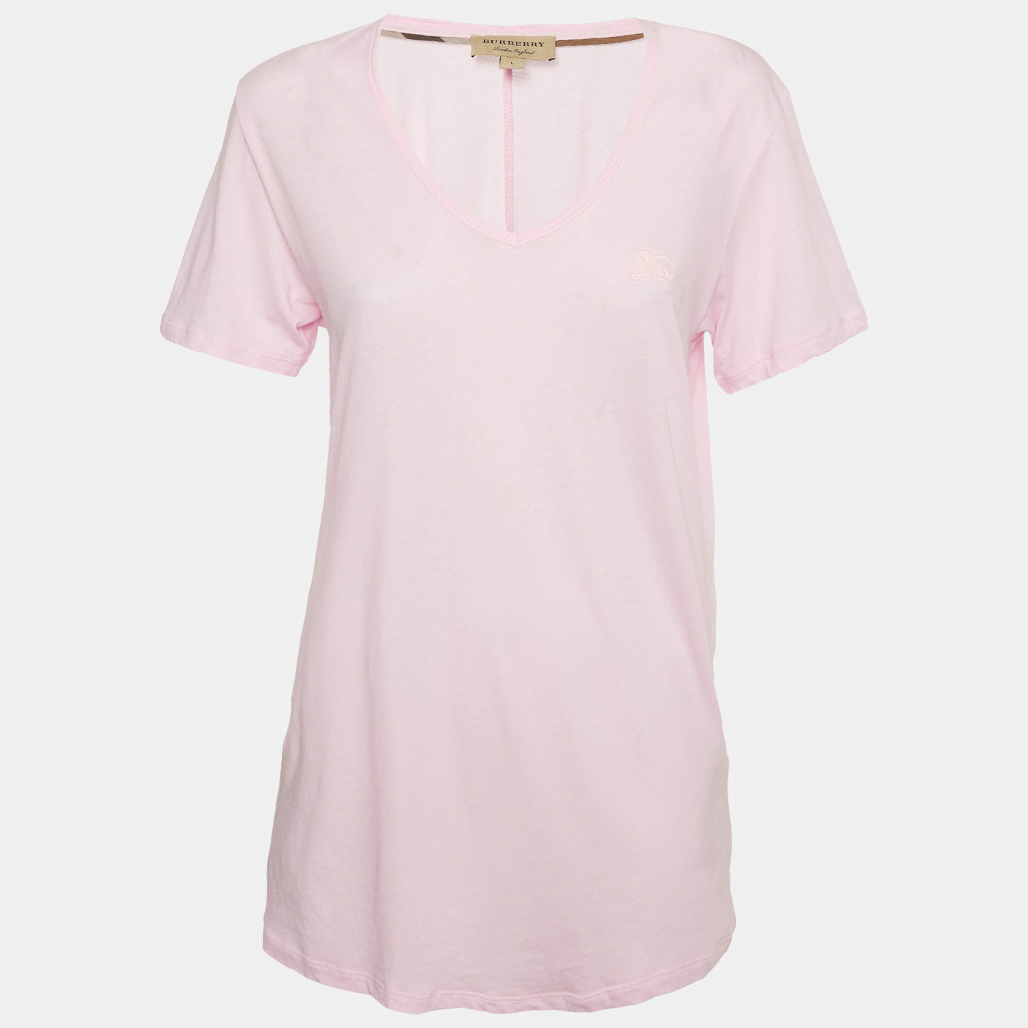 Pre Owned Burberry Pink Logo Embroidered Cotton V-Neck T-Shirt L