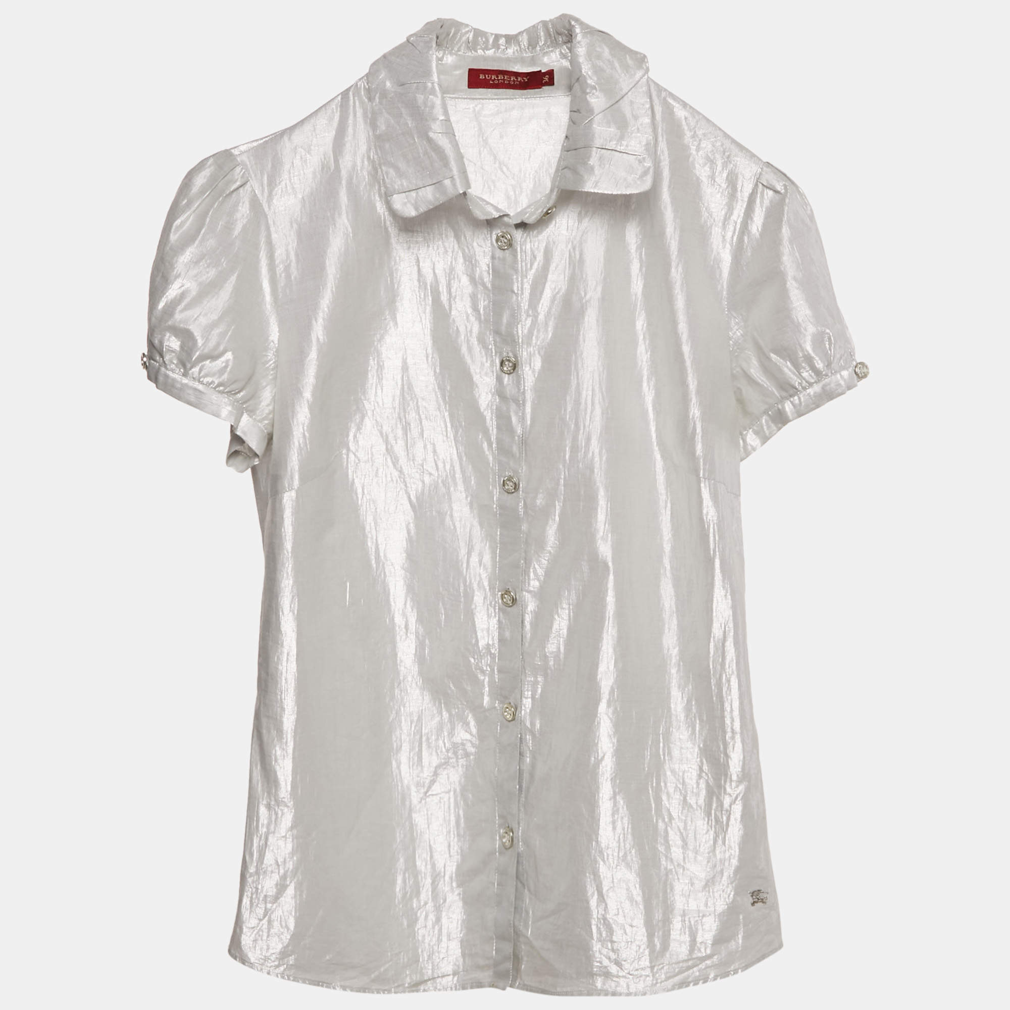 Burberry London Silver Lamé Button Front Shirt XS