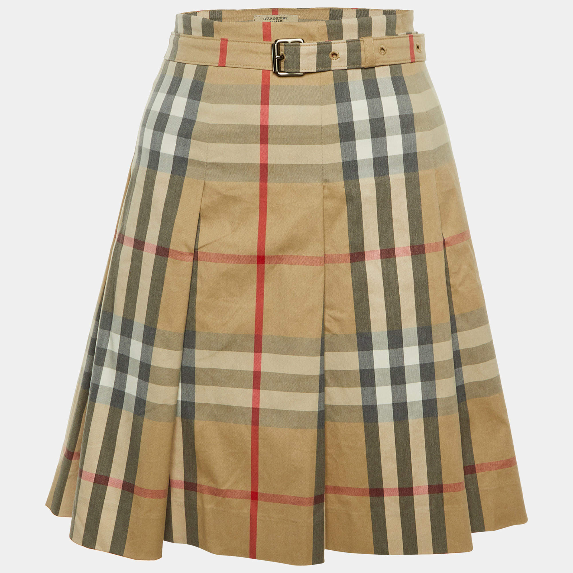 Pre Owned Burberry London Beige Nova Check Cotton Pleated Mini Skirt M