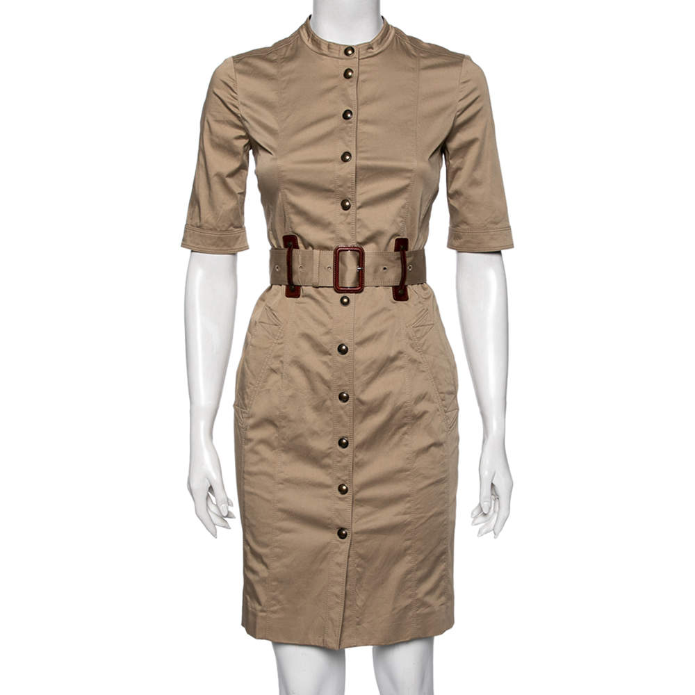 Pre Owned Burberry London Beige Cotton Button Front Belted Safari Dress S