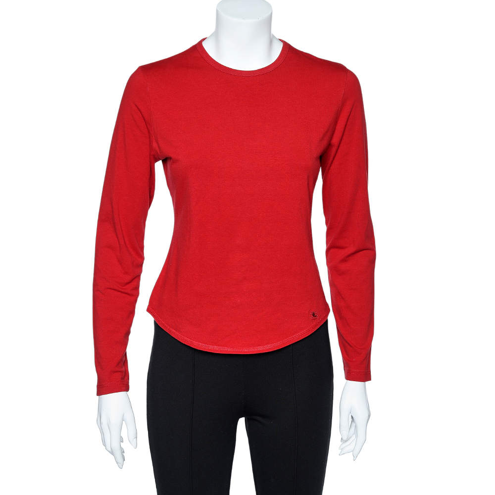 Pre Owned Burberry London Red Cotton Knit Elbow Patch Detail Long Sleeve T-Shirt M