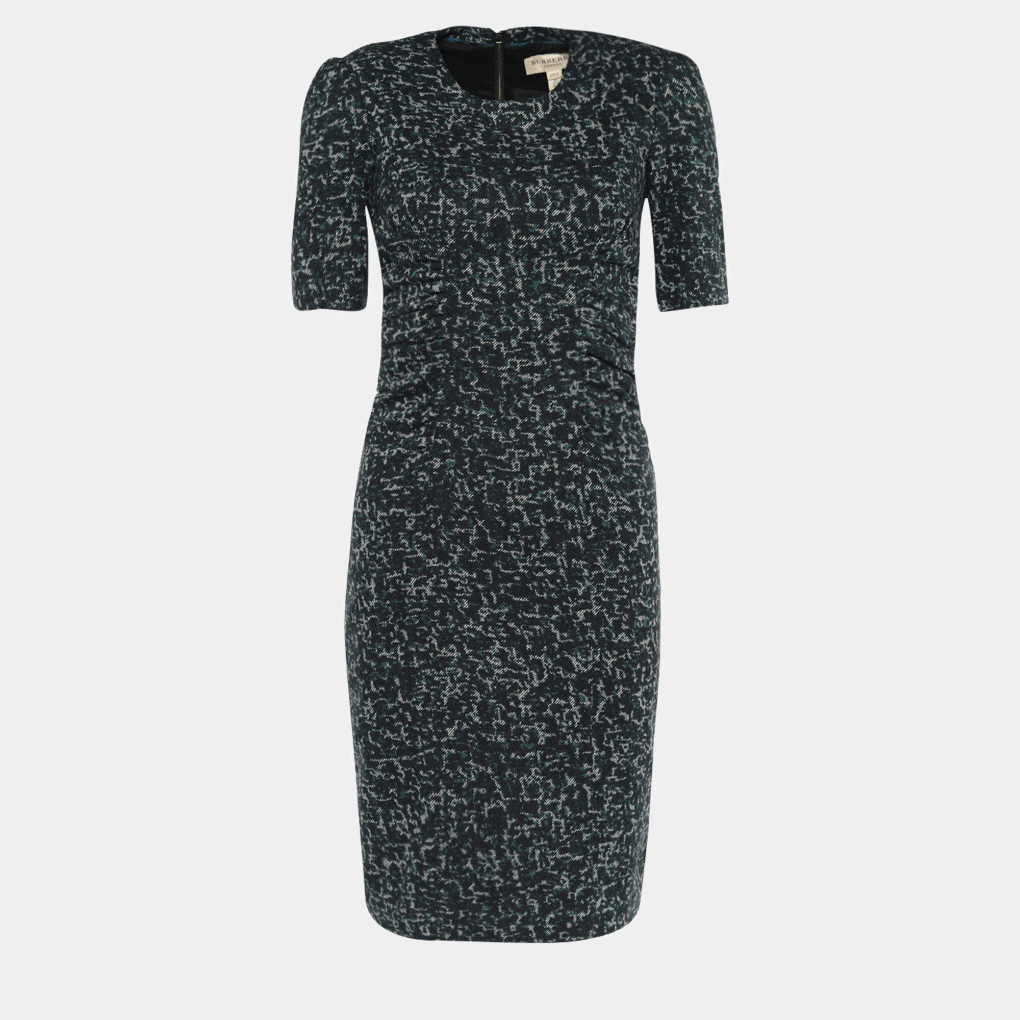 Pre Owned Burberry Black & Green Wool Blend Printed Sheath Dress XS