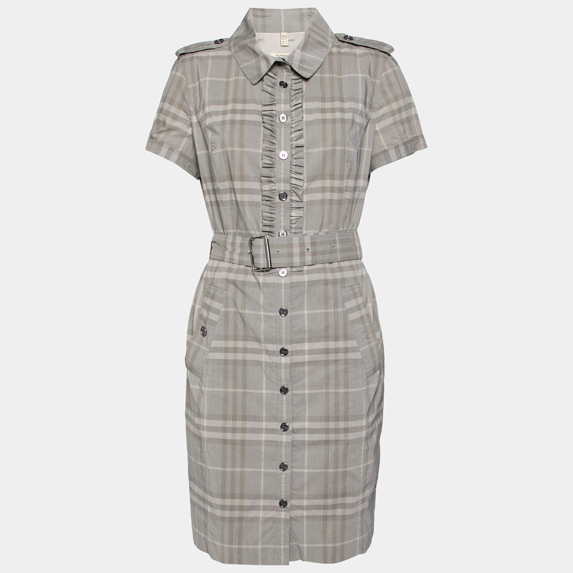 Pre Owned Burberry London Grey Checkered Cotton Belted Shirt Dress L