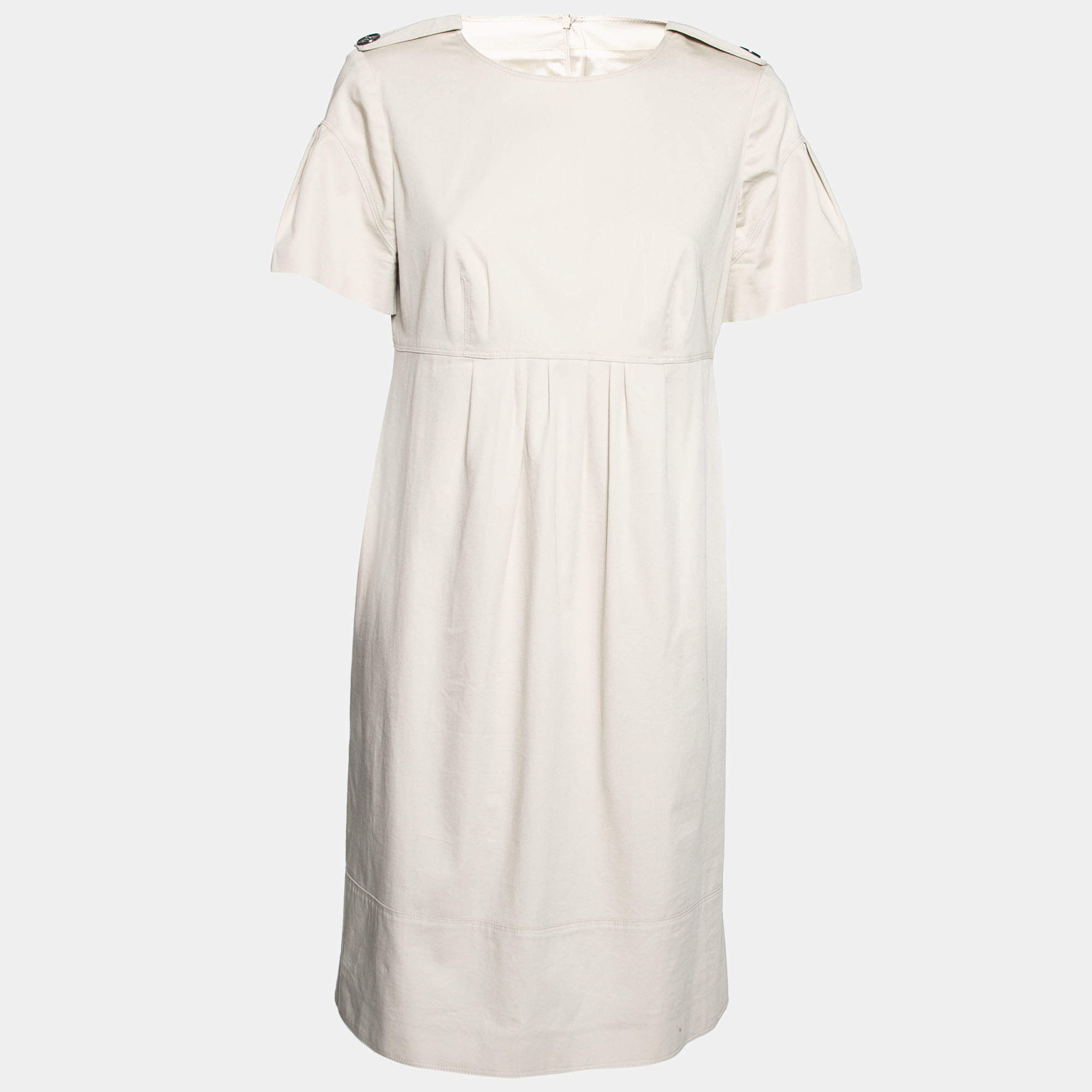 Pre Owned Burberry London Beige Cotton Pleated Front Crew Neck Flared Dress M