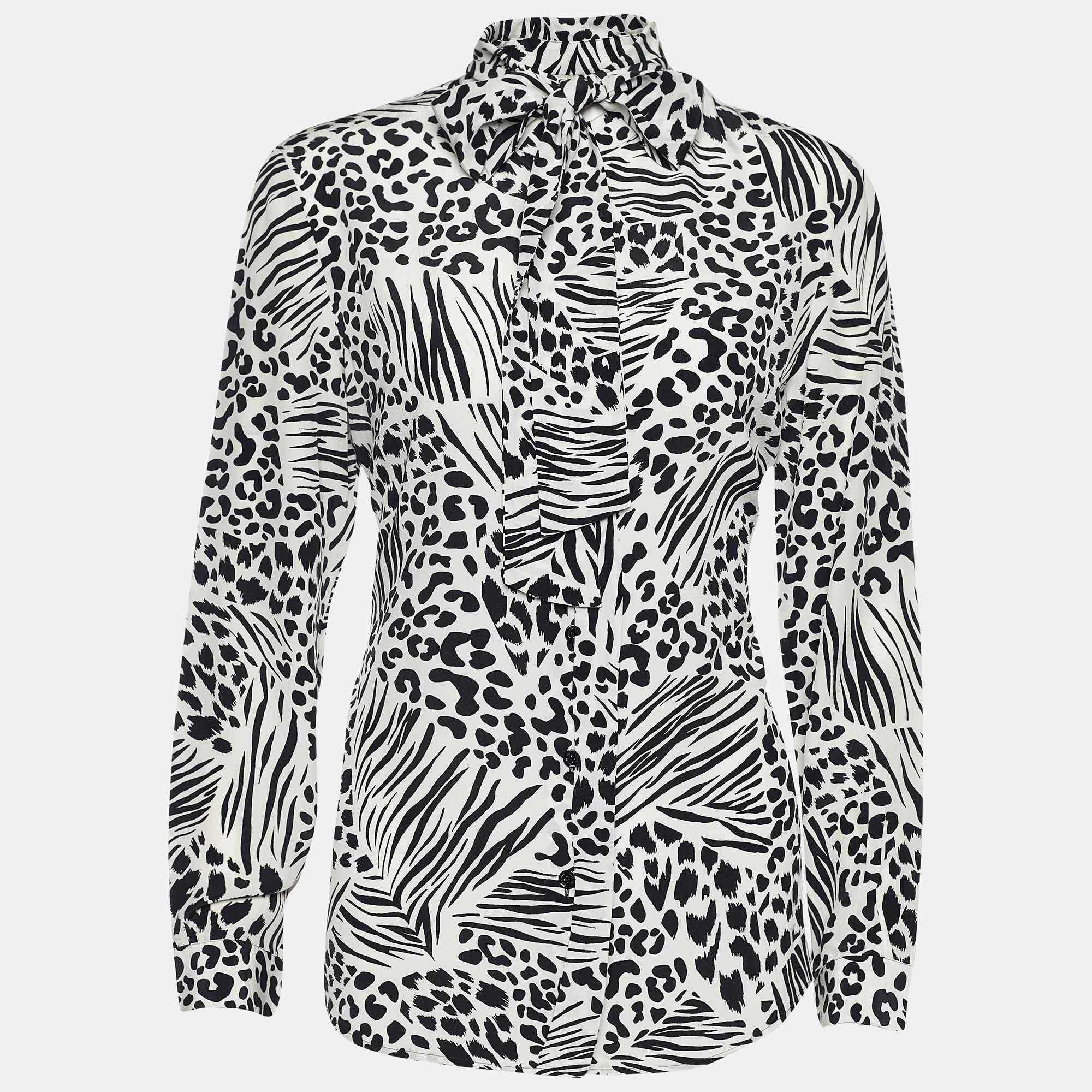 Pre Owned Burberry London Monochrome Animal Print Silk Bow Blouse M