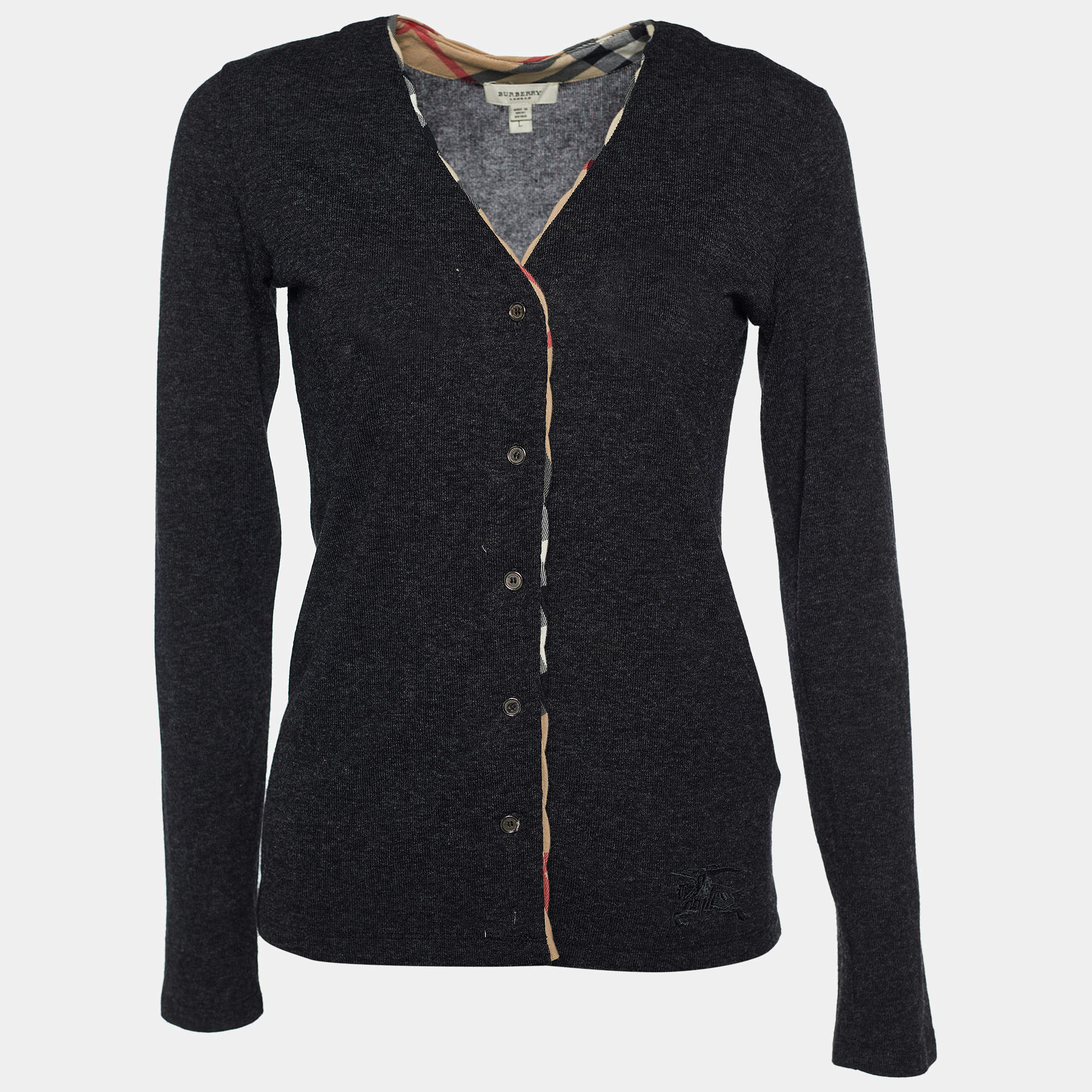 Pre Owned Burberry London Charcoal Grey Knit Button Front Cardigan L