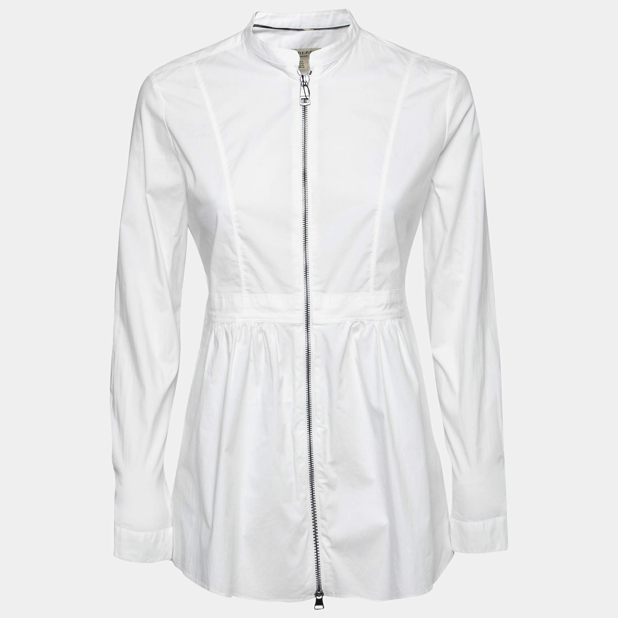Pre Owned Burberry White Cotton Zip Front Long-Sleeve Top S 