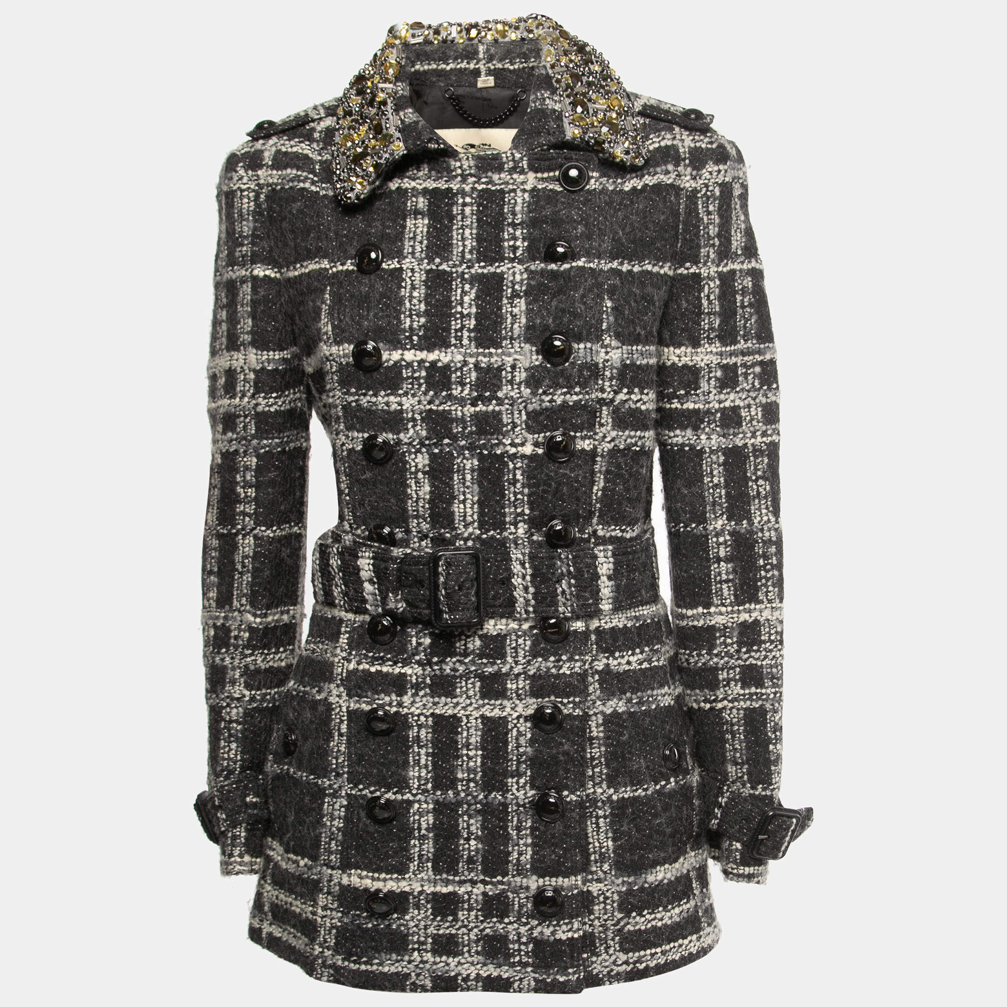 Burberry London Black/Grey Checked Wool Embellished Collar Coat M