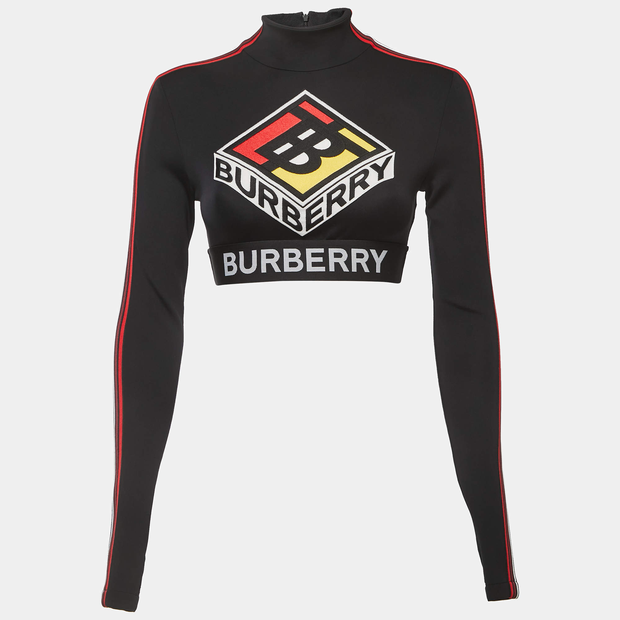 Pre Owned Burberry Black Stretch Knit Logo Patch High Neck Long Sleeve Crop Top S