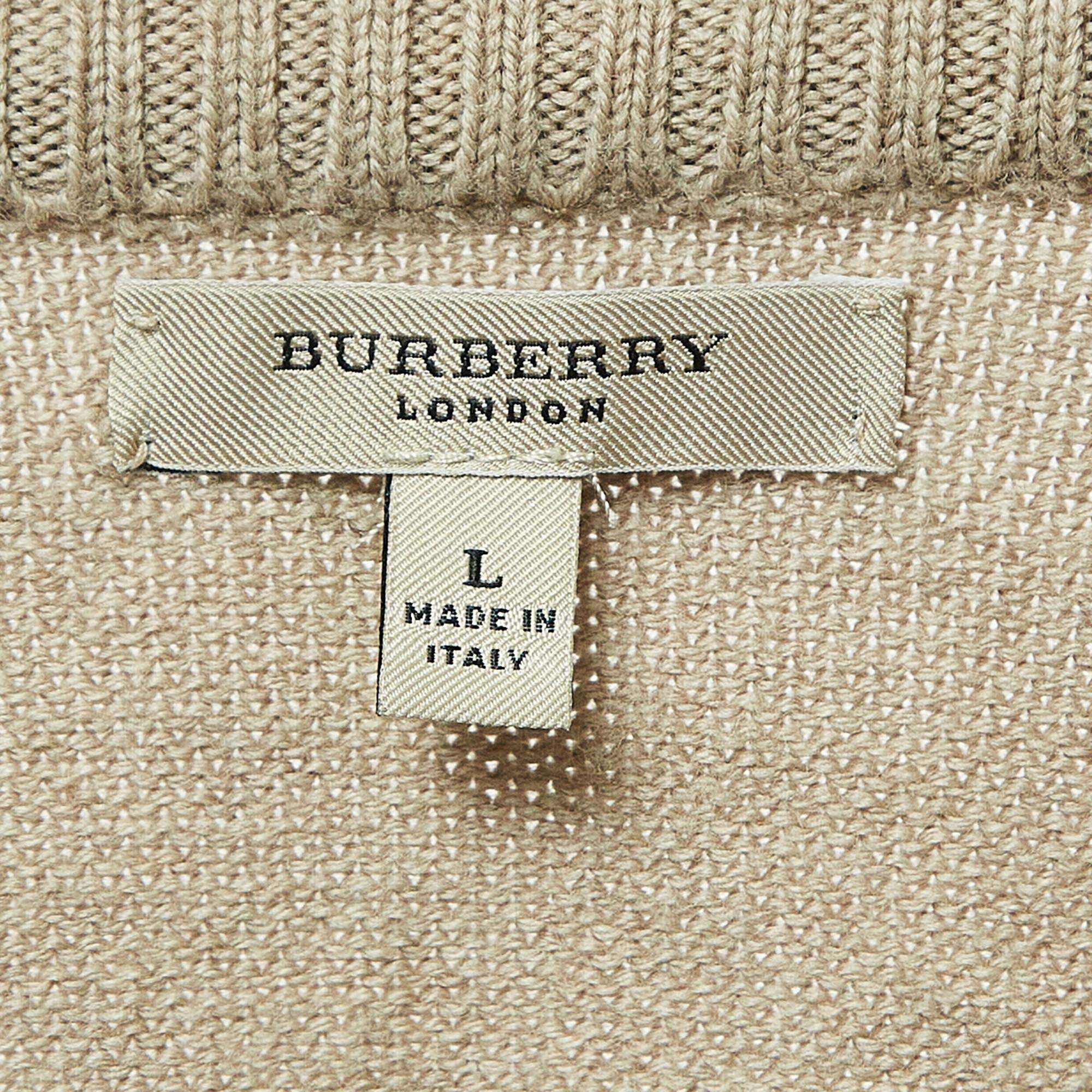 Burberry London Beige Merino Wool Zip Up Sweater L