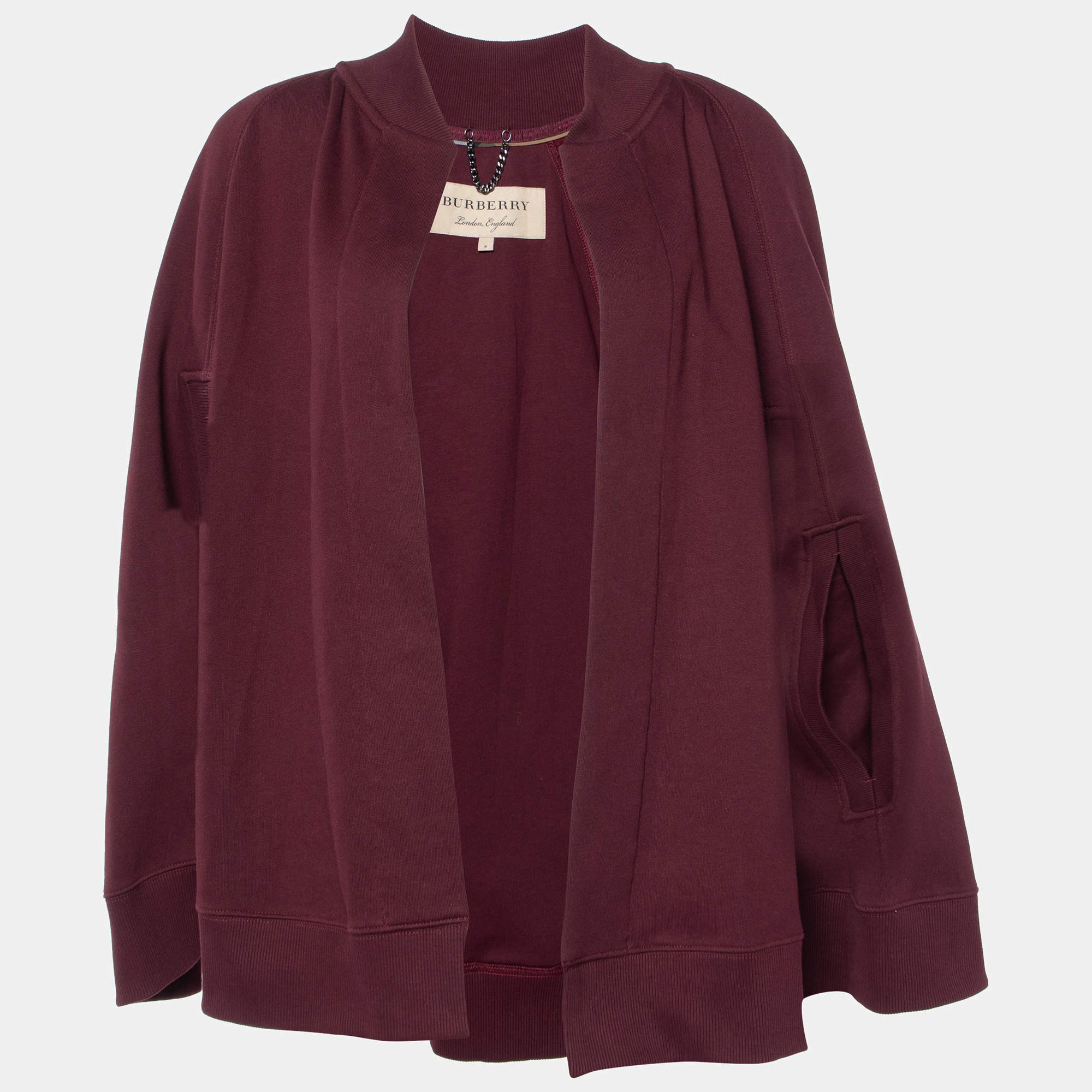 Pre Owned Burberry Burgundy Logo Embroidered Cotton Cape M