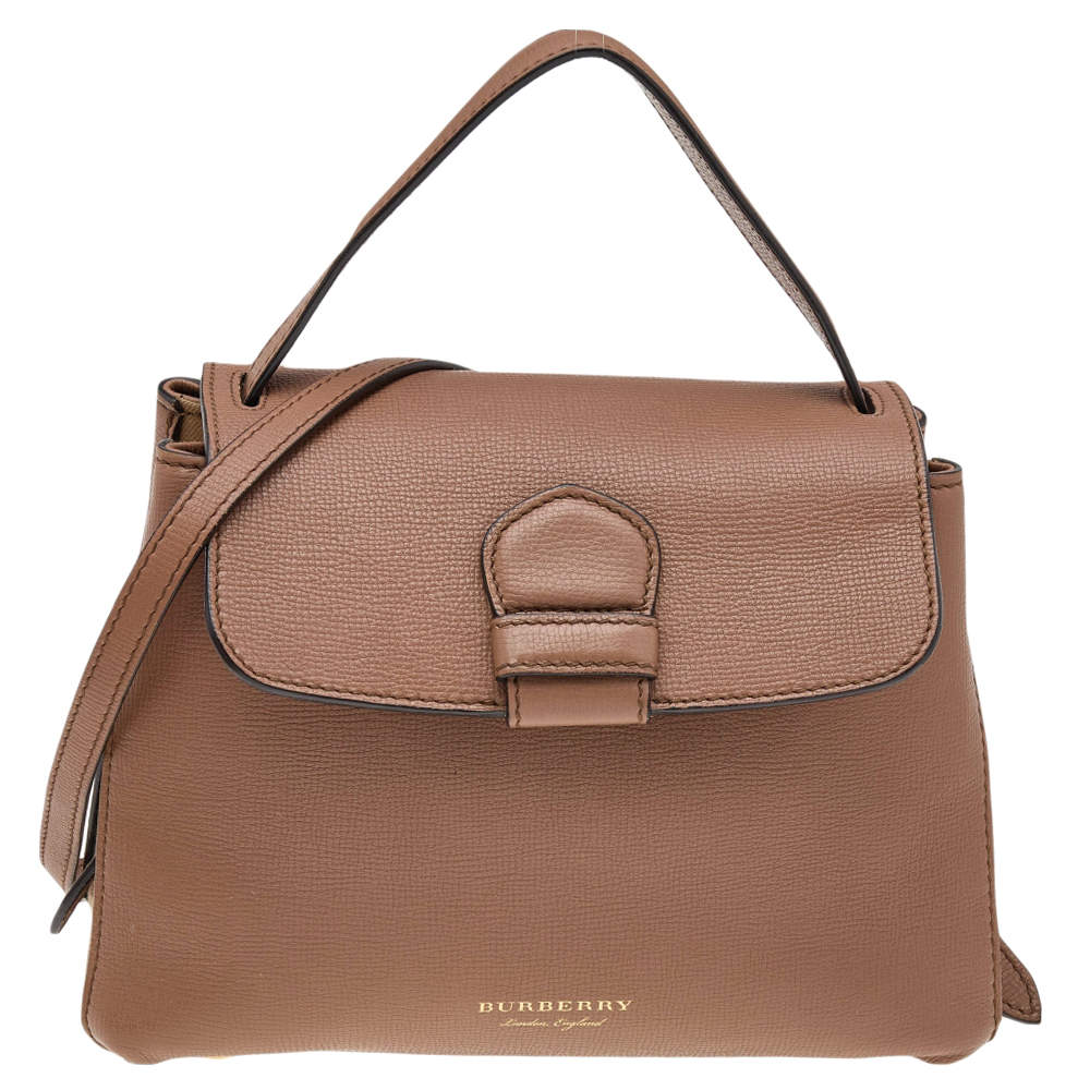 Pre Owned Burberry Brown Leather And House Check Fabric Medium Camberley Top Handle Bag