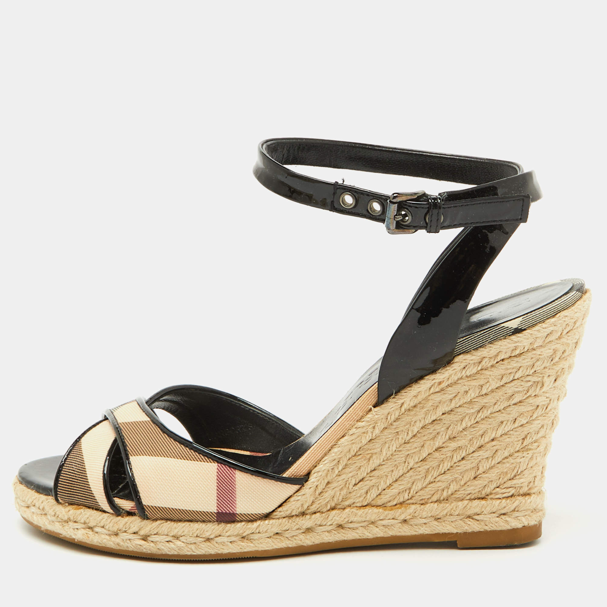 Burberry Beige/Black Nova Check PVC and Patent Leather Espadrille Wedge Sandals Size 38