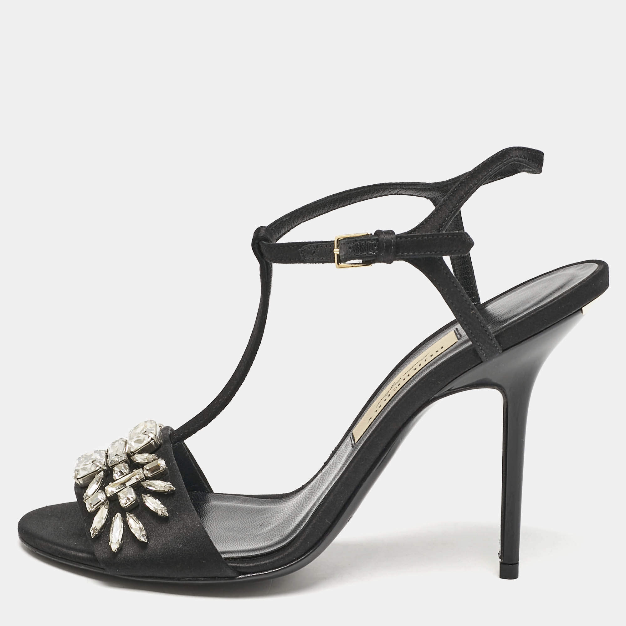 Pre Owned Burberry London Black Satin Pertfield Ankle Strap Sandals Size 38.5