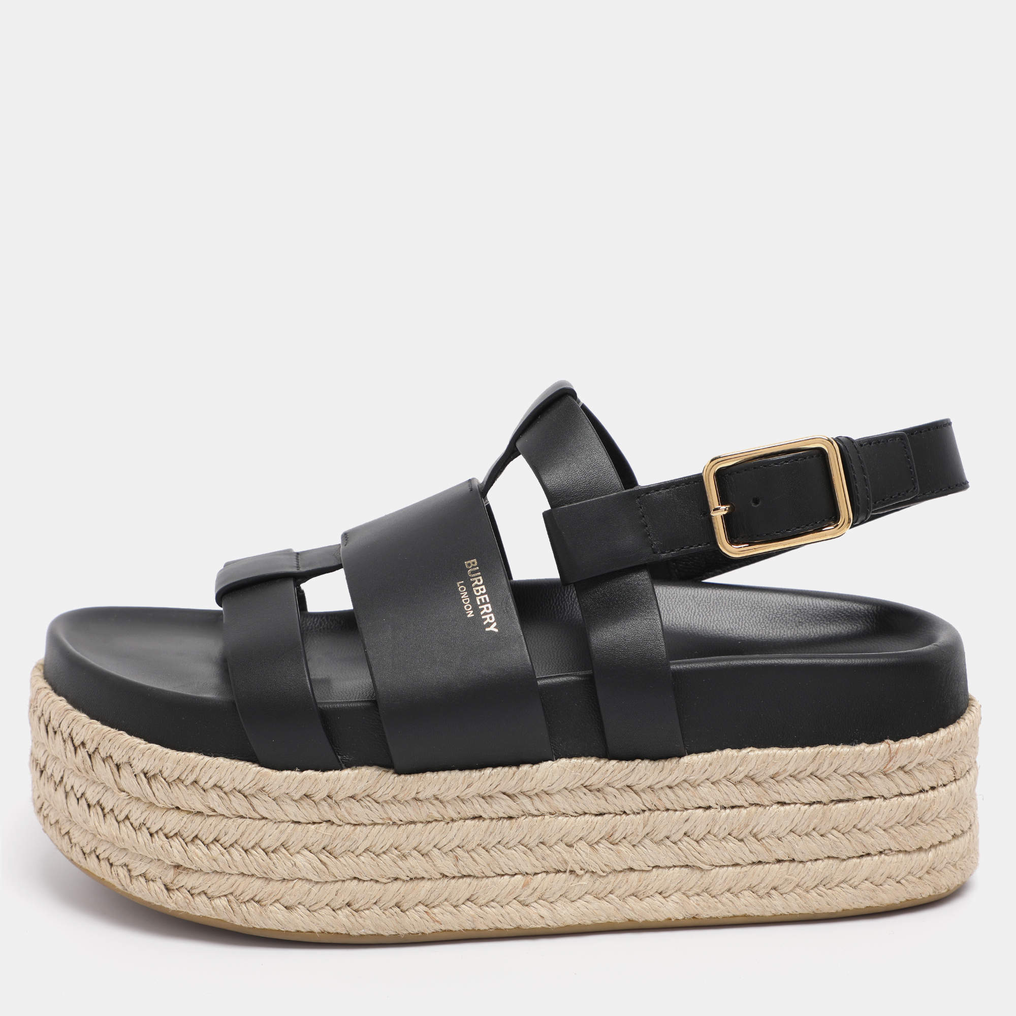 Pre Owned Burberry Black Leather Claredale Platform Sandals Size 38.5